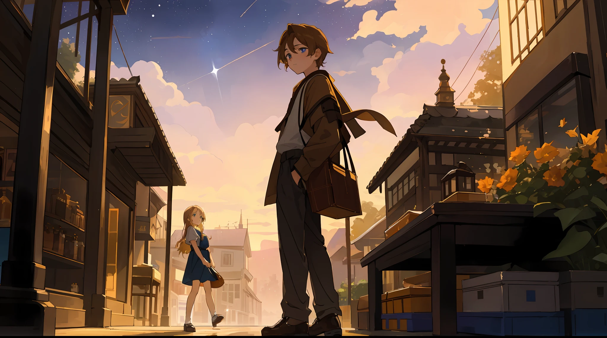 masterpiece, best quality, high quality, ultra detailed, unger boy, adventurer, brown hair, honey eyes, sad, wearing shoes, 1yoer girl, peasant, blonde, blue eyes, sad, wearing shoes, in front of a store, sunset as day gives way to night, a starry sky begins to disappear above, immersive image, anime