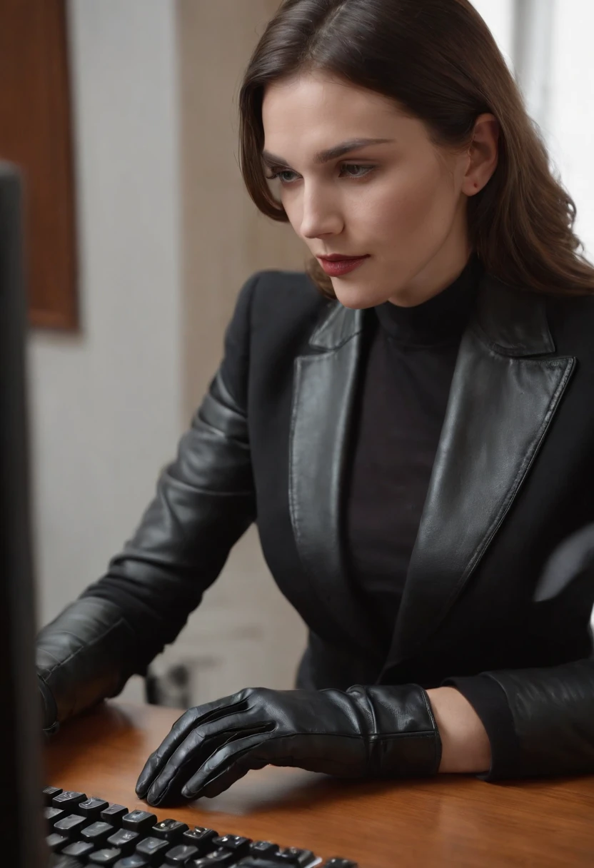 A woman wearing black leather gloves in both hands, upper body, black business suit, facing the desk in her room with a computer in the dark, tapping the keys of the computer keyboard with the fingertips of black leather gloves while looking at the screen (black leather gloves cover both hands) (angle is in the front) (close-up of both hands of women in black leather gloves tapping the keyboard