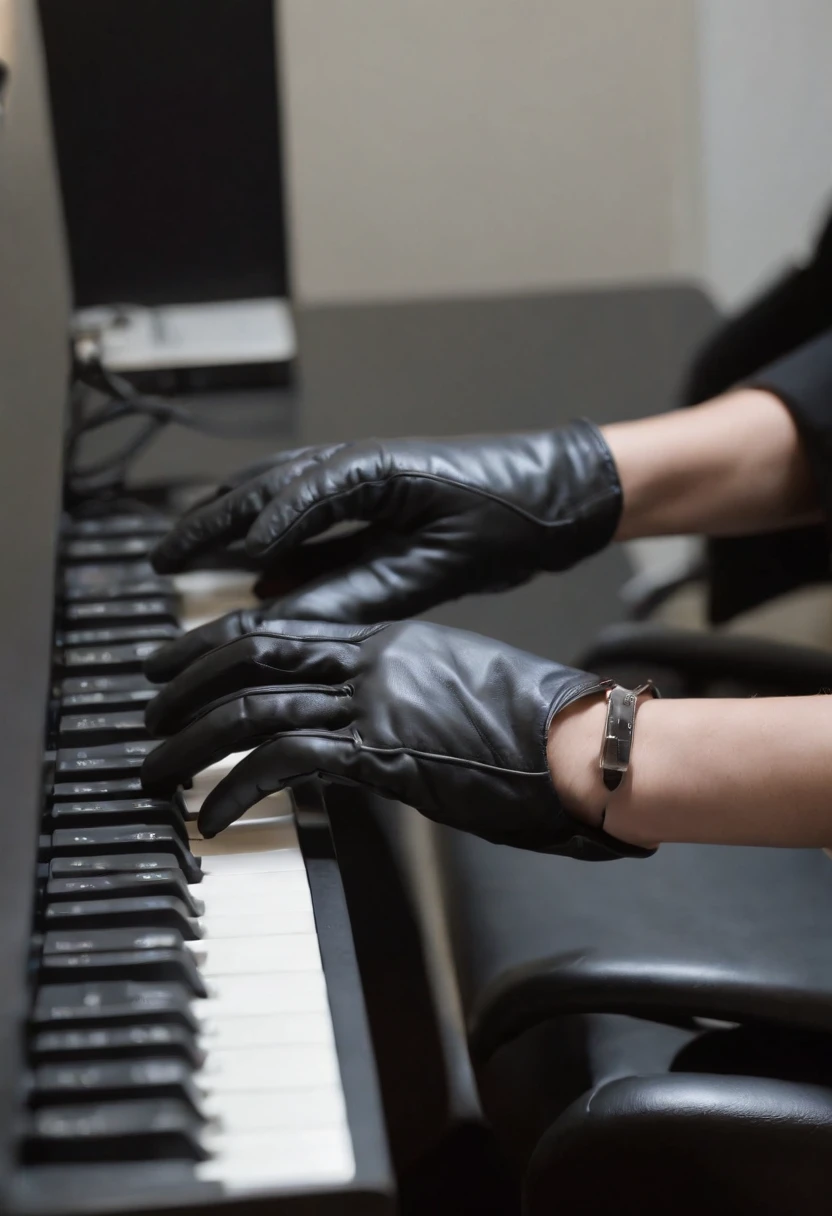 A woman wearing black leather gloves in both hands, upper body, black business suit, facing the desk in her room with a computer in the dark, tapping the keys of the computer keyboard with the fingertips of black leather gloves while looking at the screen (black leather gloves cover both hands) (angle is in the front) (close-up of both hands of women in black leather gloves tapping the keyboard