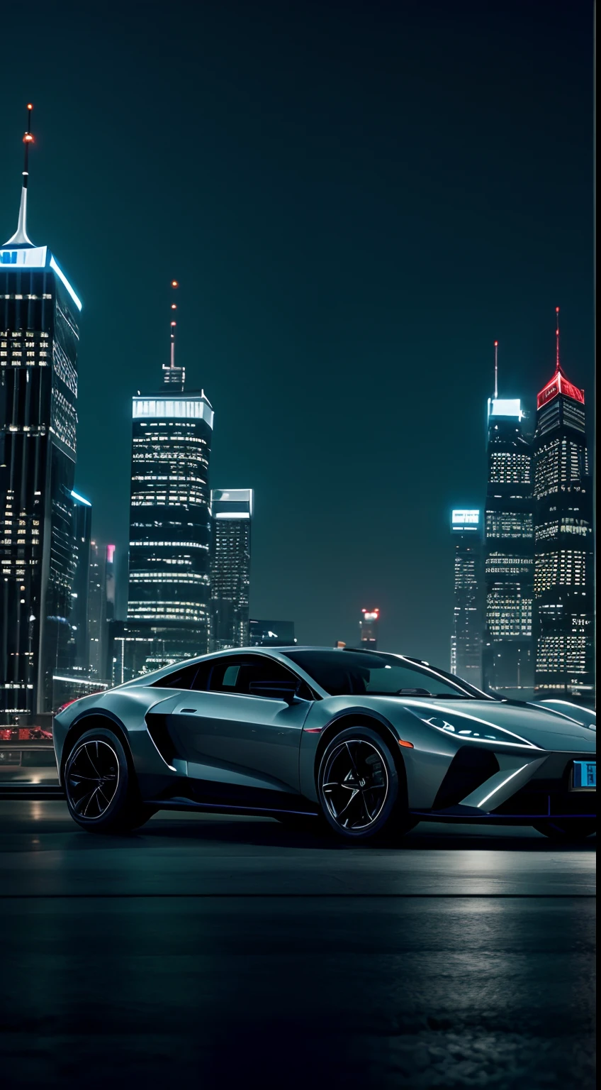 a realsitic car driving in a futuristic city at night, modern