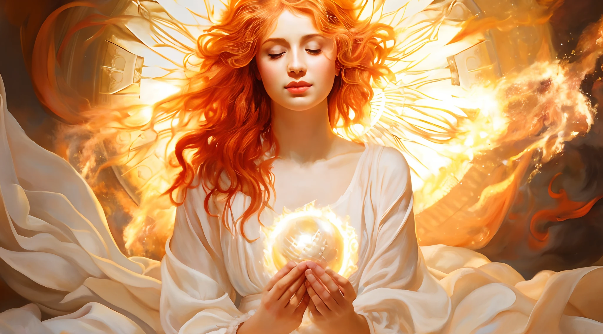 Argada woman with red hair holding a shiny ball in her hands, Deusa dos cabelos loiros, Deusa da Luz, emanando magia de suas palmas, holy fire spell art, deusa do fogo, A Deusa Borboleta do Fogo, Deusa do Sol, linda arte digital linda, karol bak uhd, com asas douradas ardentes de chama, arte digital muito bonita