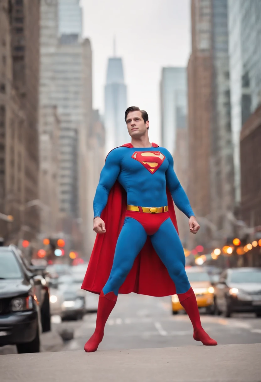 Superman, heroic, muscular, iconic symbol of justice. Metropolis skyline, city streets bustling with people. Bright, vibrant, optimistic atmosphere. Comic book style, dynamic poses, bold colors. Influence of Alex Ross, Jim Lee, Pop Art movement. Canon EOS 5D Mark IV, ISO 100, f/8, 35mm lens.