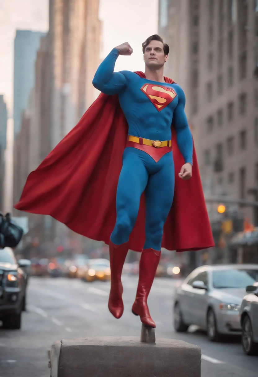 guttonerdvision13, Full body photograph of a bespectacled man wearing the uniform of Superman from "Man of Steel", (detalhes intrincados:1.3), (rosto detalhado:1.3), flying next to tall buildings of a futuristic city, uhd