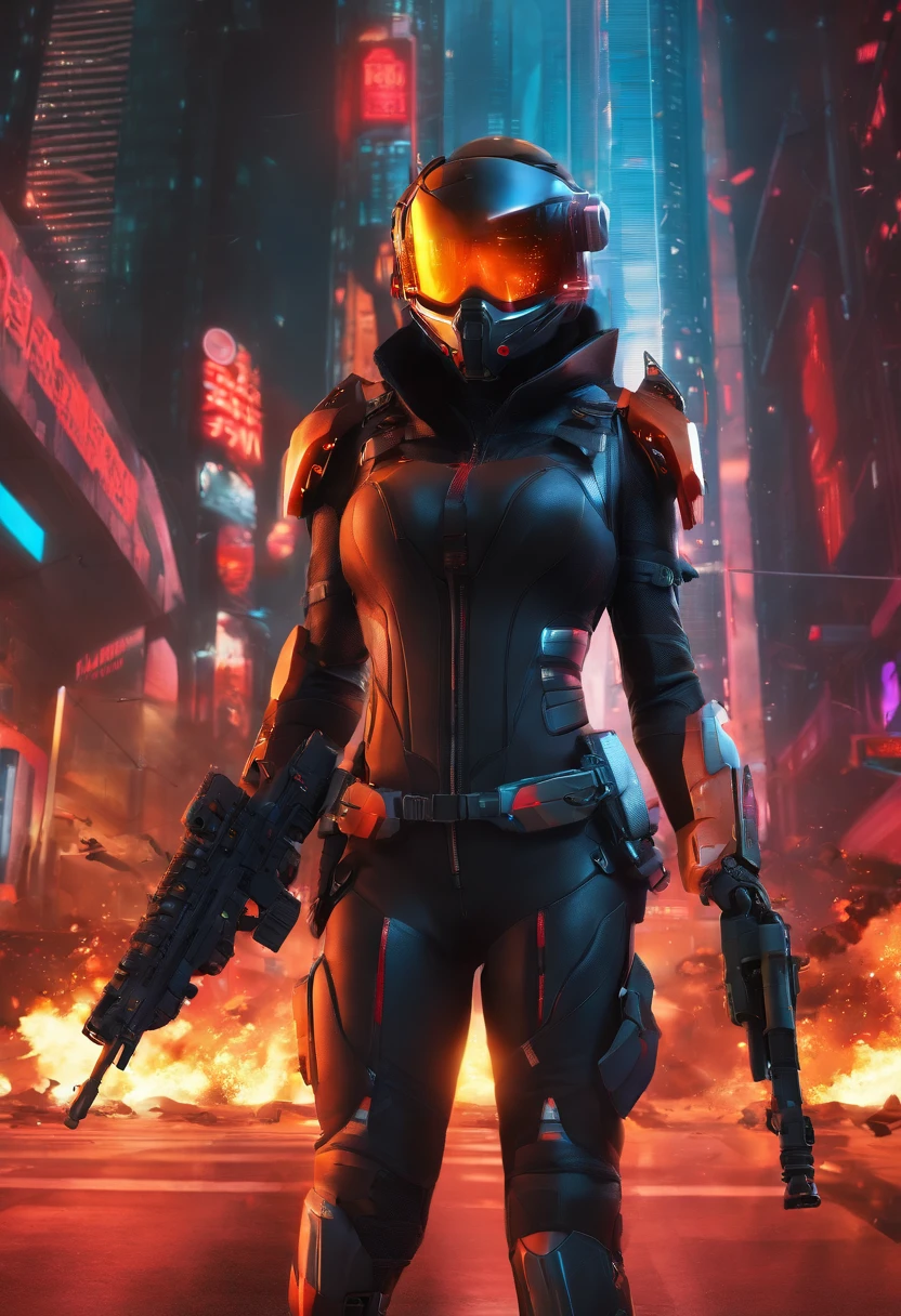 (master part), best quality, olhos expressivos, rosto perfeito, Corpo Perfeito, perfect arms, pernas perfeitas, Perfect Hands Quality 4K A tech soldier dressed in black and red Techwear shooting on a battlefield, Em guerra, com mechas (Gundam) (ARMORED CORE) Mechs voando no ar sobre o campo de batalha, (action sequence,) em um (cena de luta) A hooded high-tech woman in an all-black jumpsuit and black high heels, orange visor and black face mask outfit, the camera is a medium shot., wide angle with anamorphic lens, Setting is a hyper futuristic high-tech megacity, with buildings exploding and catching fire in the background, oi nada, ultrasharp 8K de alta qualidade, filme, anime, tiroteio, batalha em grande escala, ground forces, Soldados, several soldiers fighting on a futuristic battlefront, Guerra em grande escala nos bastidores, military vehicles