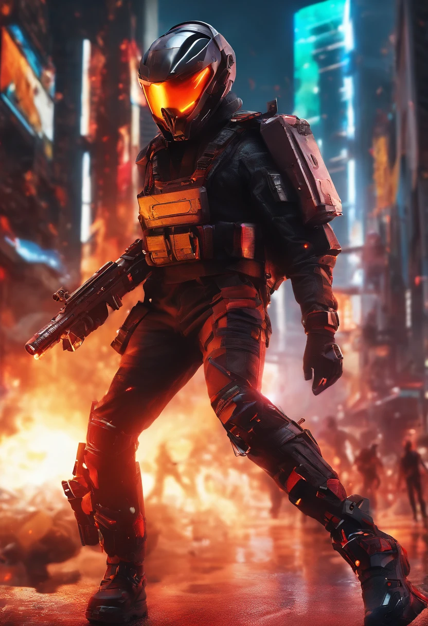 (master part), best quality, olhos expressivos, rosto perfeito, Corpo Perfeito, perfect arms, pernas perfeitas, Perfect Hands Quality 4K A tech soldier dressed in black and red Techwear shooting on a battlefield, Em guerra, com mechas (Gundam) (ARMORED CORE) Mechs voando no ar sobre o campo de batalha, (action sequence,) em um (cena de luta) A hooded high-tech woman in an all-black jumpsuit and black high heels, orange visor and black face mask outfit, the camera is a medium shot., wide angle with anamorphic lens, Setting is a hyper futuristic high-tech megacity, with buildings exploding and catching fire in the background, oi nada, ultrasharp 8K de alta qualidade, filme, anime, tiroteio, batalha em grande escala, ground forces, Soldados, several soldiers fighting on a futuristic battlefront, Guerra em grande escala nos bastidores, military vehicles