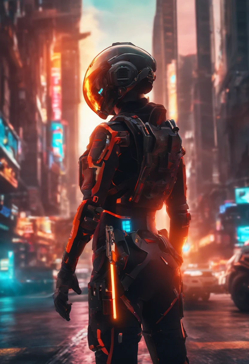 (master part), best quality, olhos expressivos, rosto perfeito, Corpo Perfeito, perfect arms, pernas perfeitas, Perfect Hands Quality 4K A tech soldier dressed in black and red Techwear shooting on a battlefield, Em guerra, com mechas (Gundam) (ARMORED CORE) Mechs voando no ar sobre o campo de batalha, (action sequence,) em um (cena de luta) A hooded high-tech woman in an all-black jumpsuit and black high heels, orange visor and black face mask outfit, the camera is a medium shot., wide angle with anamorphic lens, Setting is a hyper futuristic high-tech megacity, with buildings exploding and catching fire in the background, oi nada, ultrasharp 8K de alta qualidade, filme, anime, tiroteio, batalha em grande escala, ground forces, Soldados, several soldiers fighting on a futuristic battlefront, Guerra em grande escala nos bastidores, military vehicles
