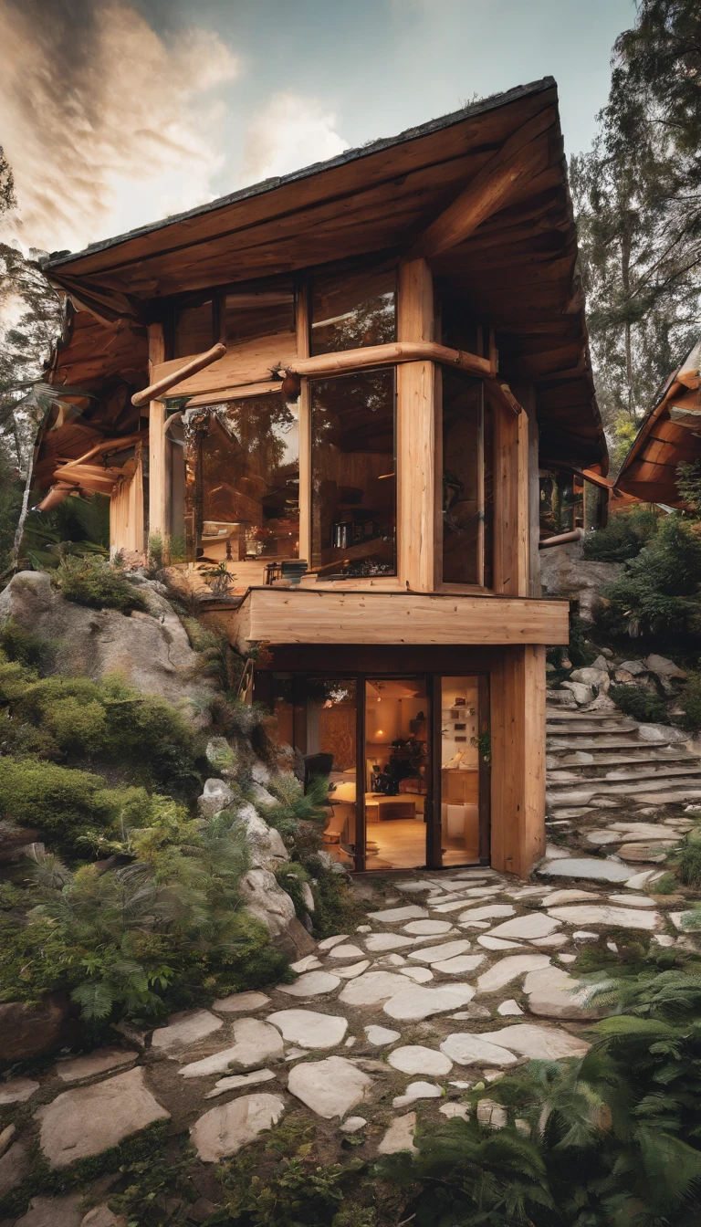 A rustic home nestled in the mountains, built with walls of unprocessed tree logs and a roof of clay tiles. The house exudes a deep connection with the surrounding nature. Wooden logs display natural textures, and climbing plants gently hug the walls. The setting is a mountainous landscape, with ancient trees and a babbling brook. Artistic photography, capturing the harmony between the house and its surroundings, using a wide-angle lens to encompass the entire scene