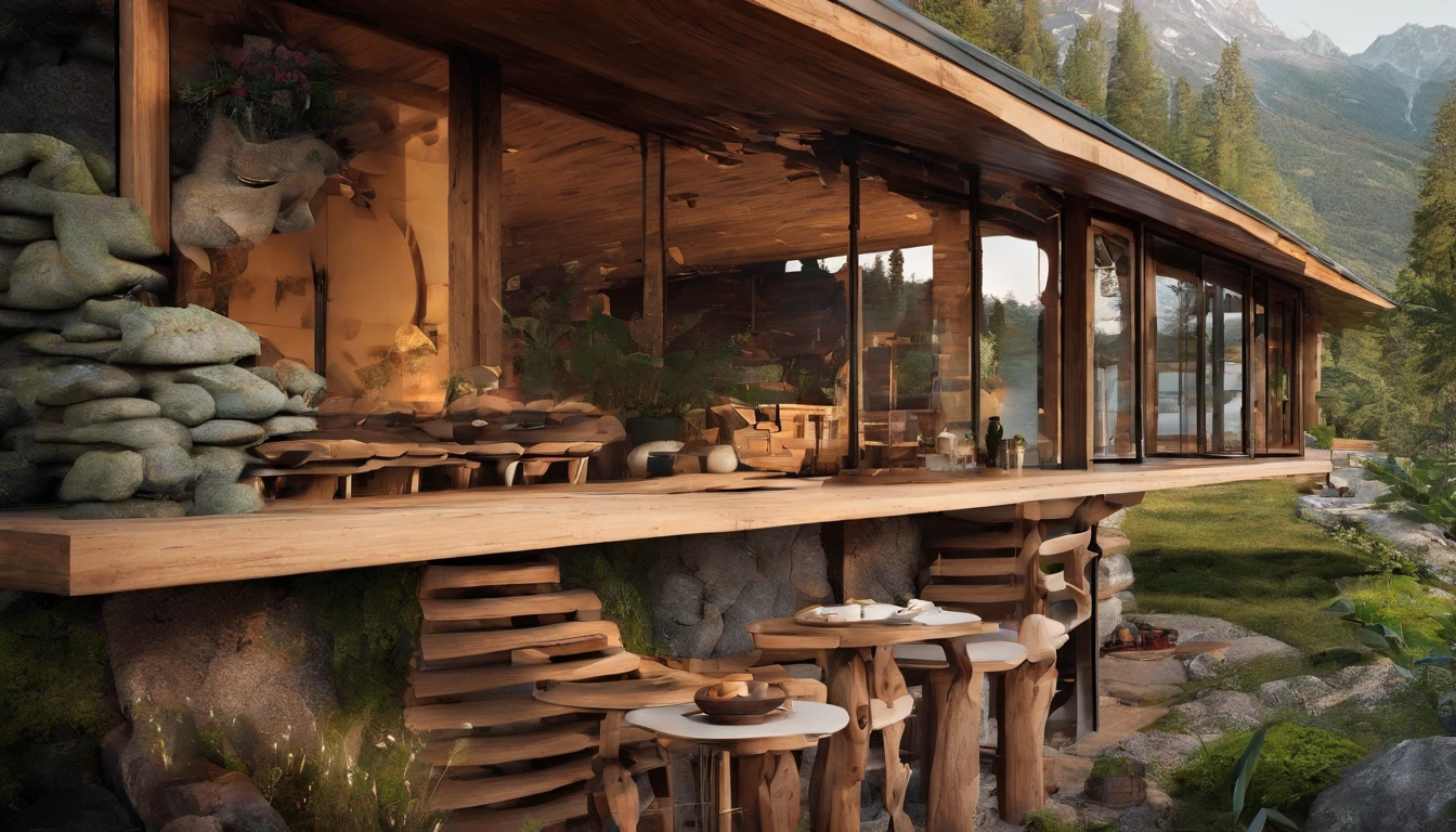 A rustic home nestled in the mountains, built with walls of unprocessed tree logs and a roof of clay tiles. The house exudes a deep connection with the surrounding nature. Wooden logs display natural textures, and climbing plants gently hug the walls. The setting is a mountainous landscape, with ancient trees and a babbling brook. Artistic photography, capturing the harmony between the house and its surroundings, using a wide-angle lens to encompass the entire scene