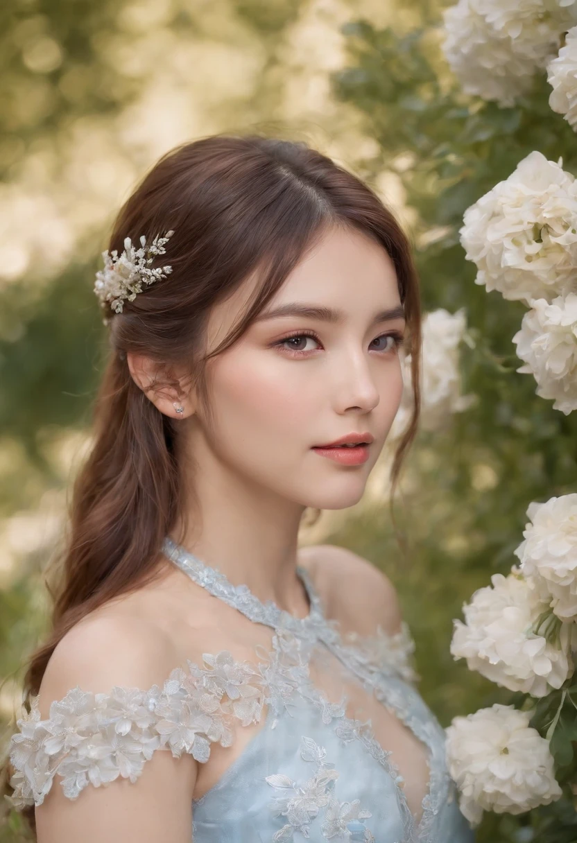 (master piece), (beste-Qualit), (Ultra detailded), (disheveled hair), (illustration), (1fille), (fashionable clothes), debout, mannequin, regardant le spectateur, (interview), (sinple background), beautiful detailed eyes, beautiful delicate face, flottant, (high saturation), (colorful splashes), colorful bubble, (brillant), se concentrer sur le visage, queue de cheval, kamisato ayaka, cheveux bleu clair, frange, bague de cheveux, fleurs flottantes, poils flottants, (brillant), best lighting, meilleure ombre, le jour de son mariage