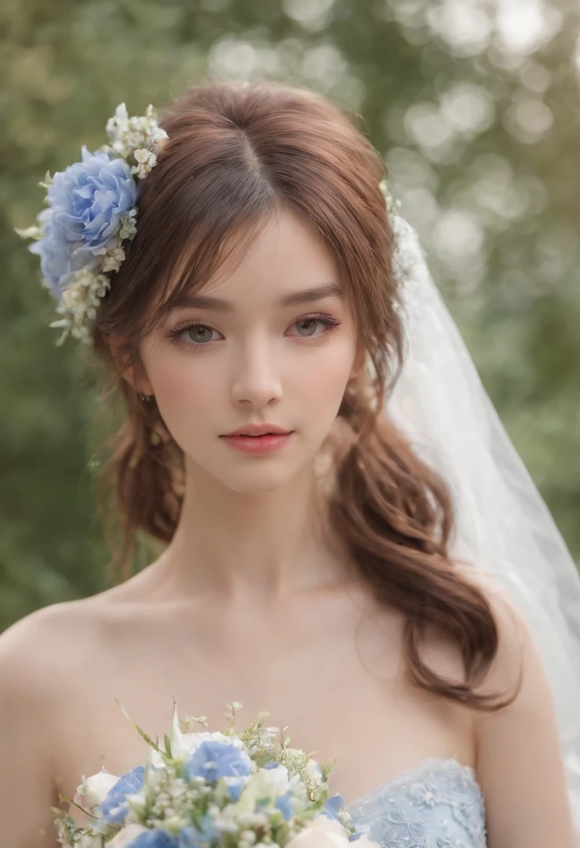 (master piece), (beste-Qualit), (Ultra detailded), (disheveled hair), (illustration), (1fille), (fashionable clothes), debout, mannequin, regardant le spectateur, (interview), (sinple background), beautiful detailed  eyes, beautiful delicate face, flottant, (high saturation), (colorful splashes), colorful bubble, (brillant), se concentrer sur le visage, queue de cheval, kamisato ayaka, cheveux bleu clair, frange, bague de cheveux, fleurs flottantes, poils flottants, (brillant), best lighting, meilleure ombre, le jour de son mariage