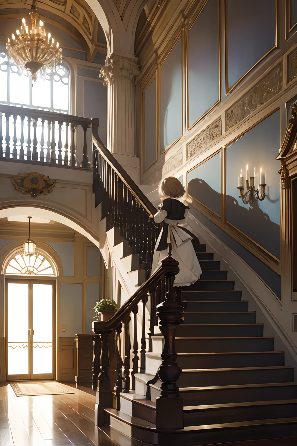 girl stepping up a victoran stair (Victorian manor) (foyer) wide view, girl uping the stair, her back to camera