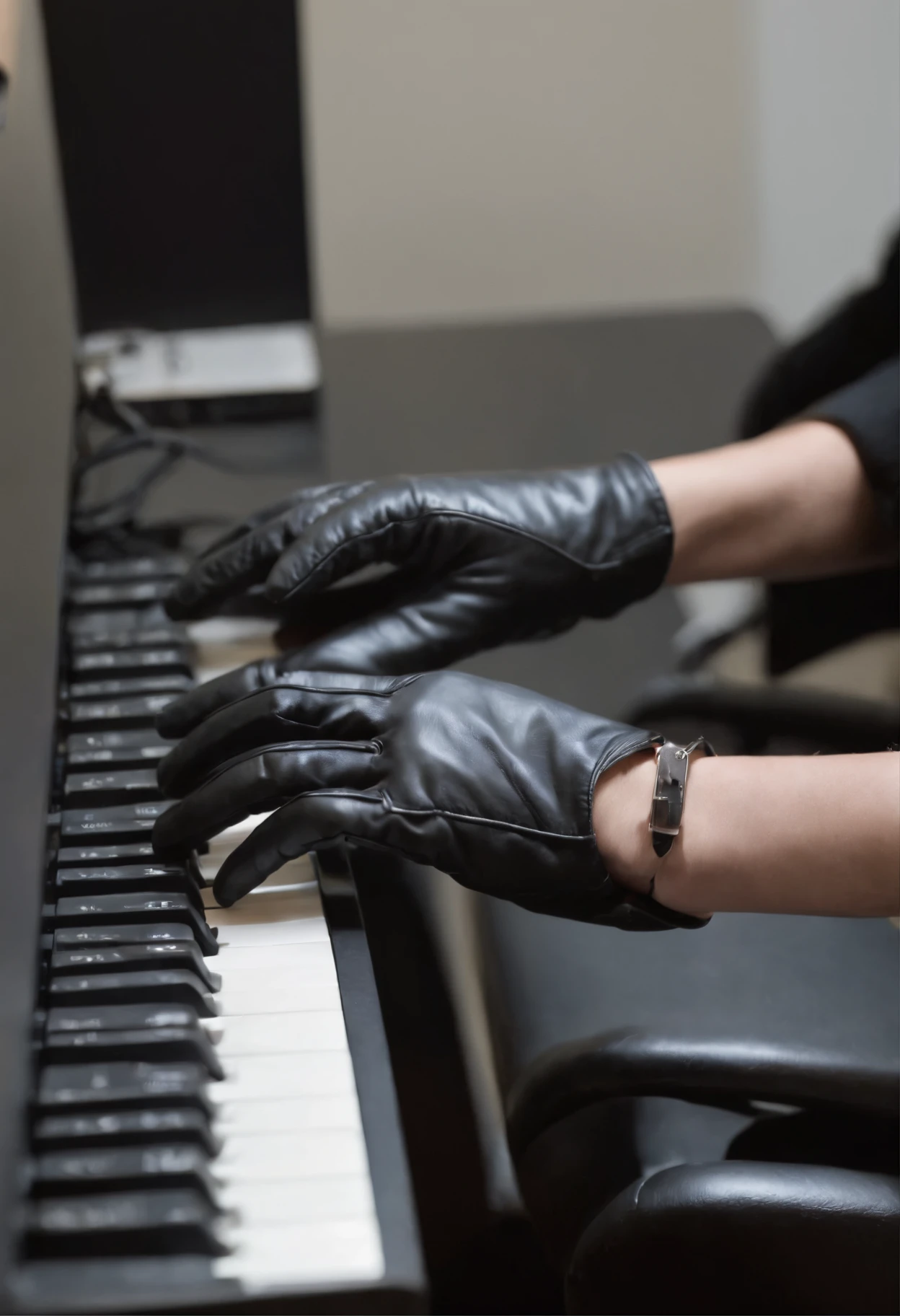 A woman wearing black leather gloves in both hands, upper body, black business suit, facing the desk in her room with a computer in the dark, tapping the keys of the computer keyboard with the fingertips of black leather gloves while looking at the screen (black leather gloves cover both hands) (angle is in the front) (close-up of both hands of women in black leather gloves tapping the keyboard