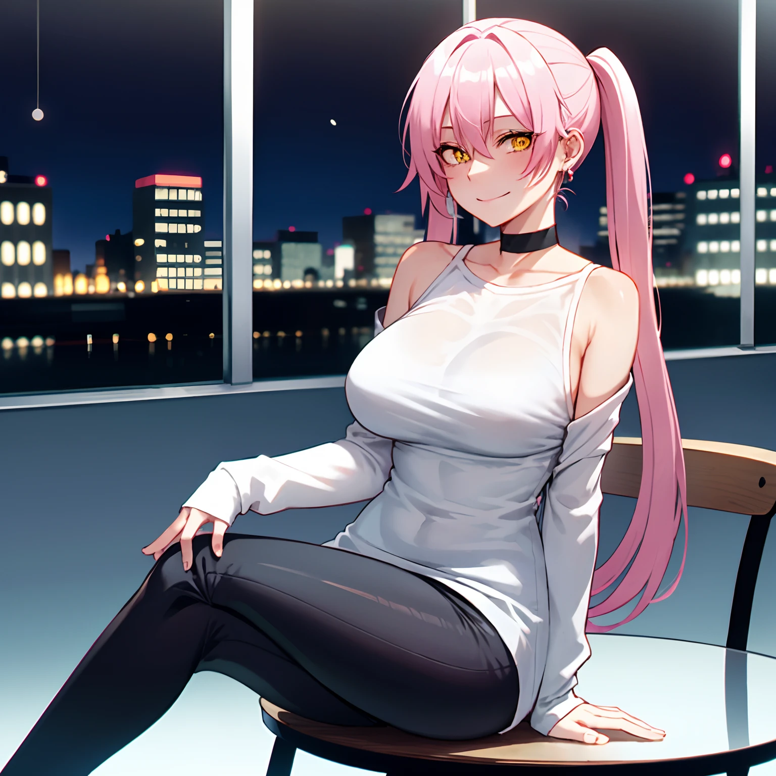 1Girl, yellow eyes, hair twintails, long hair, pinky hair, medium breast, medium ass, smile, happy, bobby pins, choker, smile, happy facial, city, night,earrings, leggings, light gray drop shoulder sweater top, sitting on table, table, chair, blurred background, crossed legs, ultra detailed, 8k wallpaper, reflection light, raytracing,