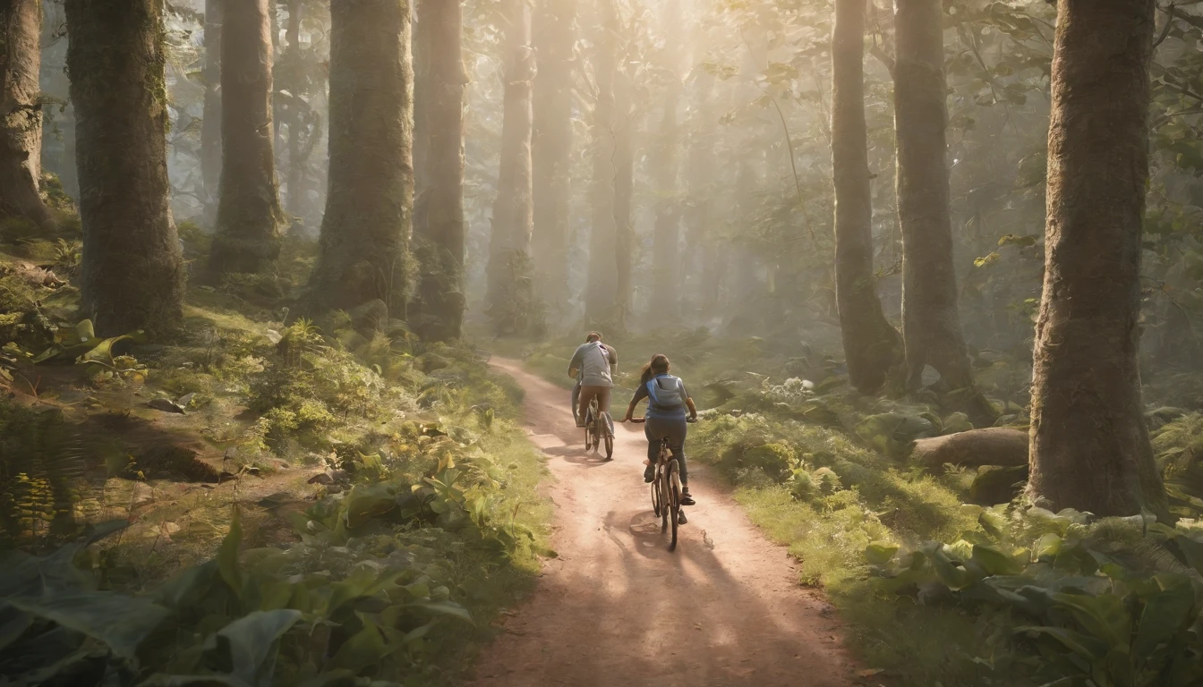 ((obra-prima)), ((melhor qualidade)), A digital illustration depicting a group of 5 students on their bikes pedaling down a mysterious road, in the morning, voltando do supermercado. The scene is shrouded in shades of spring, conveying the sense of joy and wonder that pervades the series. Every detail of the illustration is carefully represented, From the anxious expressions of the children to the smallest details of the enchanted forest. This digital illustration is a true work-πrima, capturing the essence of adventure and the unknown in a captivating and enchanting way.