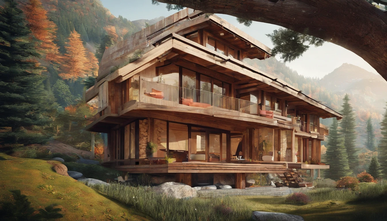 A rustic home nestled in the mountains, built with walls of unprocessed tree logs and a roof of clay tiles. The house exudes a deep connection with the surrounding nature. Wooden logs display natural textures, and climbing plants gently hug the walls. The setting is a mountainous landscape, with ancient trees and a babbling brook. Artistic photography, capturing the harmony between the house and its surroundings, using a wide-angle lens to encompass the entire scene