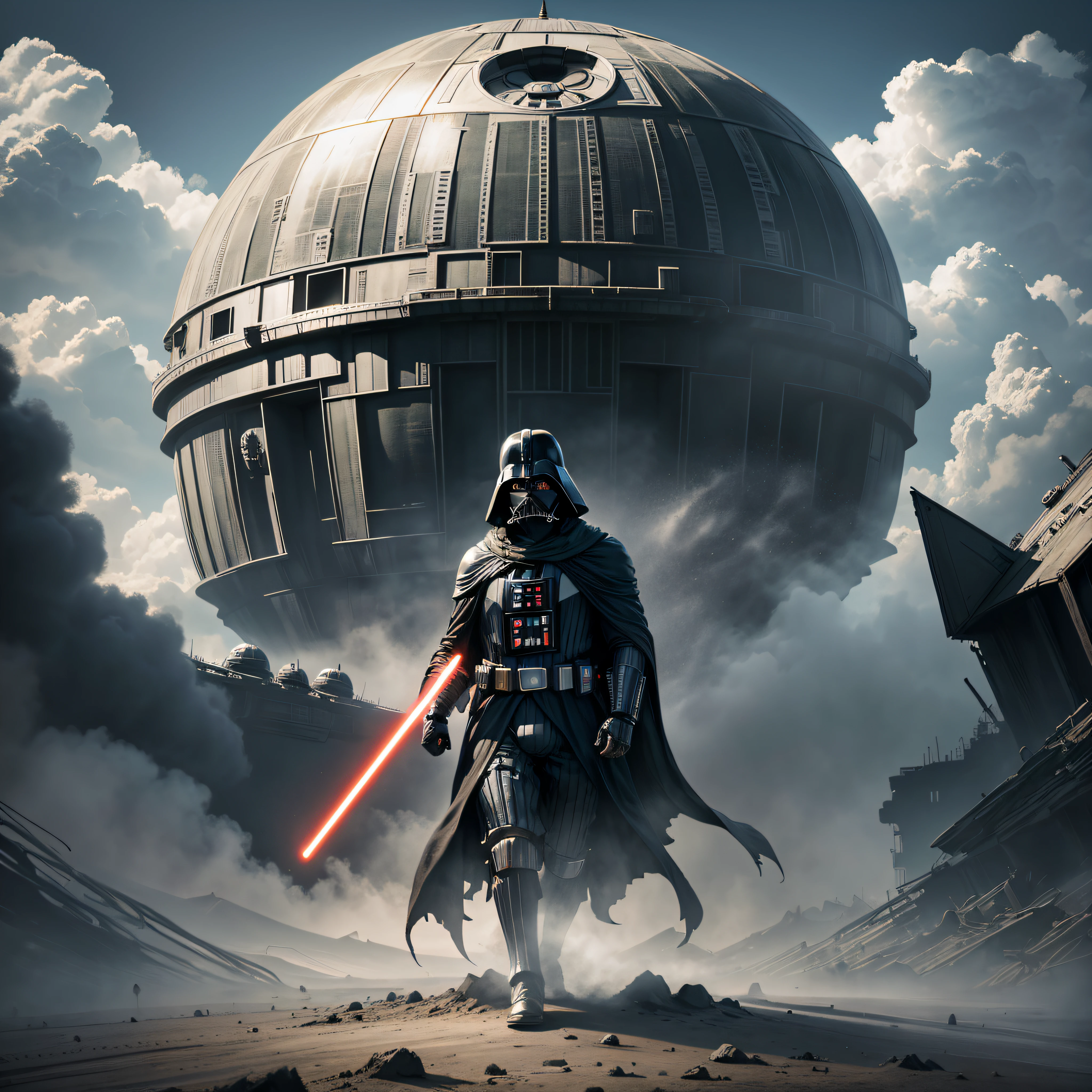 realistic photo of Darth Vader on a sinister and apocalyptic planet, appearing in the background the death star, realistic, cinematic, 8k --auto --s2