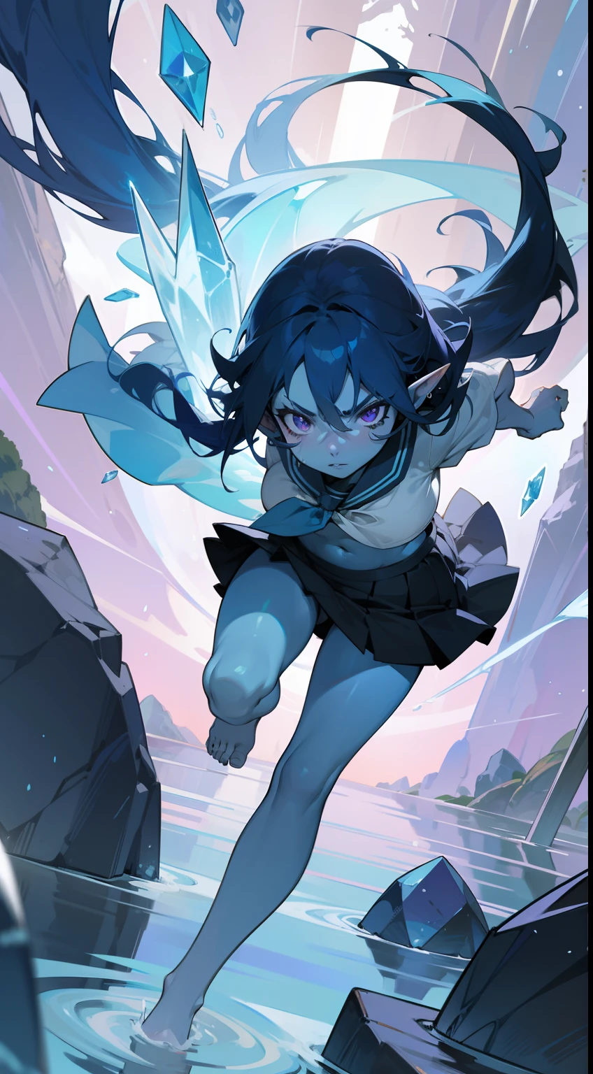 1water spirit girl,20s,solo,((blue skin)),serious face,white school shirt,black school skirt,small tits,blue hair,long hair,sexy pose,show navel,purple eyes,elve ear,running water in front of a crystal forest,detailed face,masterpiece,whitehd,best quality,8k,attacking with ice crystals,hidden arms,bare feet