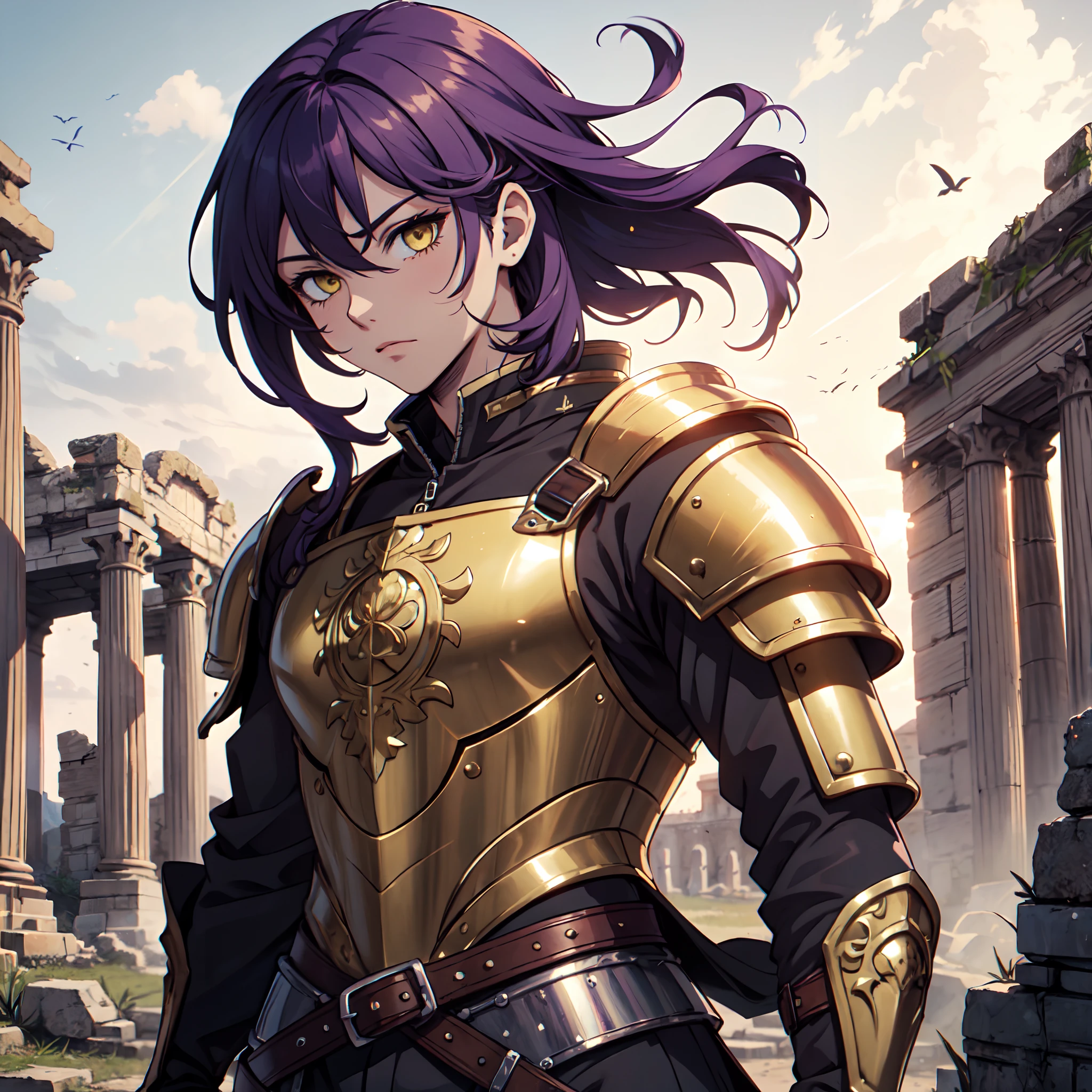 Ultra High Definition,
Ultra High Quality,
Hyper Definition,
Hyper Quality,
Hyper Detailed,
Extremely Detailed,
Perfectly Detailed,
Masterpiece,
8k,
1 Boy,
Anime,
Long Purple Hair,
Under Cut Hairstyle,
Solid Yellow Eyes,
Handsome,
Armored With Roman Emperor Armor,
Body Shot,
Ancient Roman Empire Ruins Background,