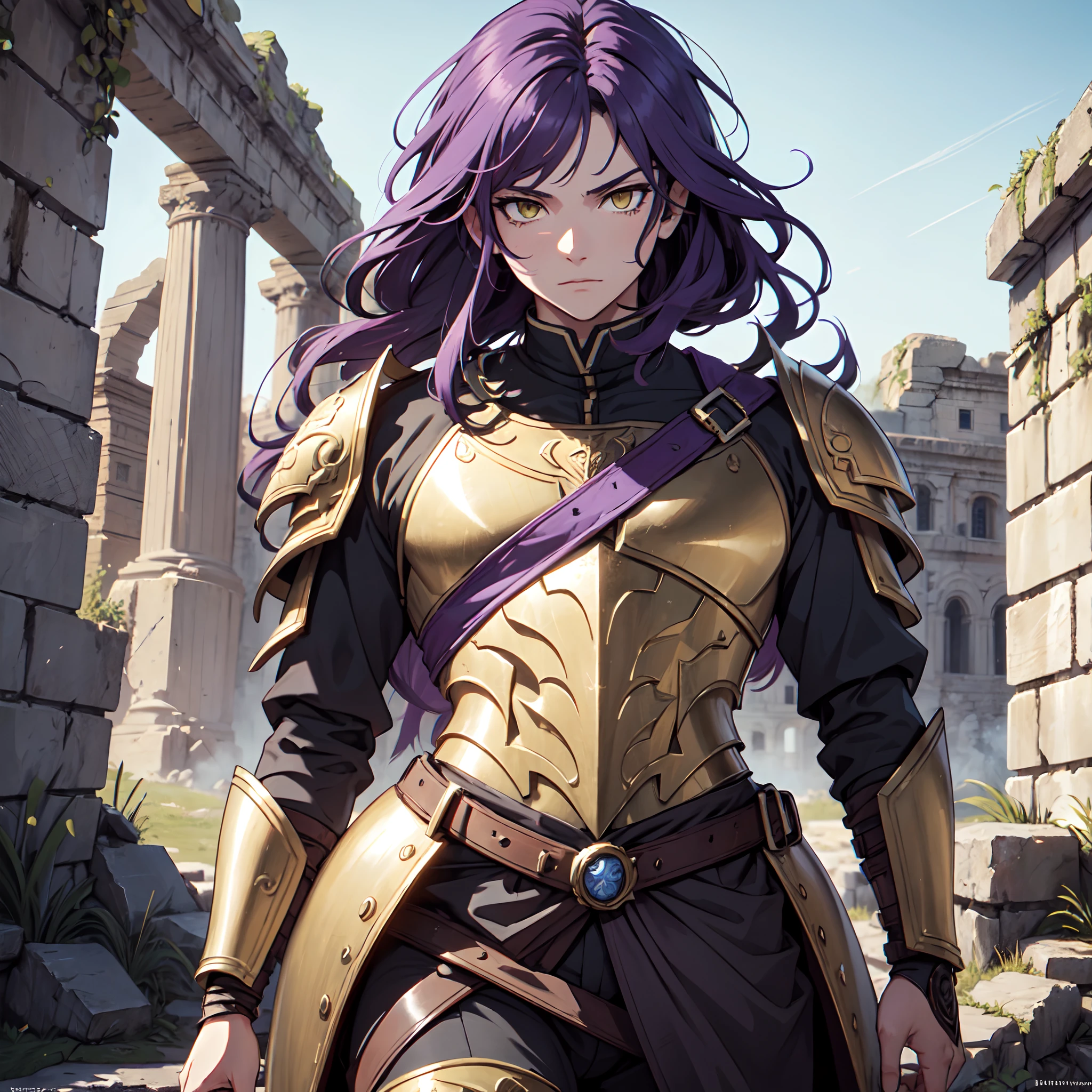 Ultra High Definition,
Ultra High Quality,
Hyper Definition,
Hyper Quality,
Hyper Detailed,
Extremely Detailed,
Perfectly Detailed,
Masterpiece,
8k,
1 Boy,
Anime,
Long Purple Hair,
Under Cut Hairstyle,
Solid Yellow Eyes,
Handsome,
Armored With Roman Emperor Armor,
Body Shot,
Ancient Roman Empire Ruins Background,