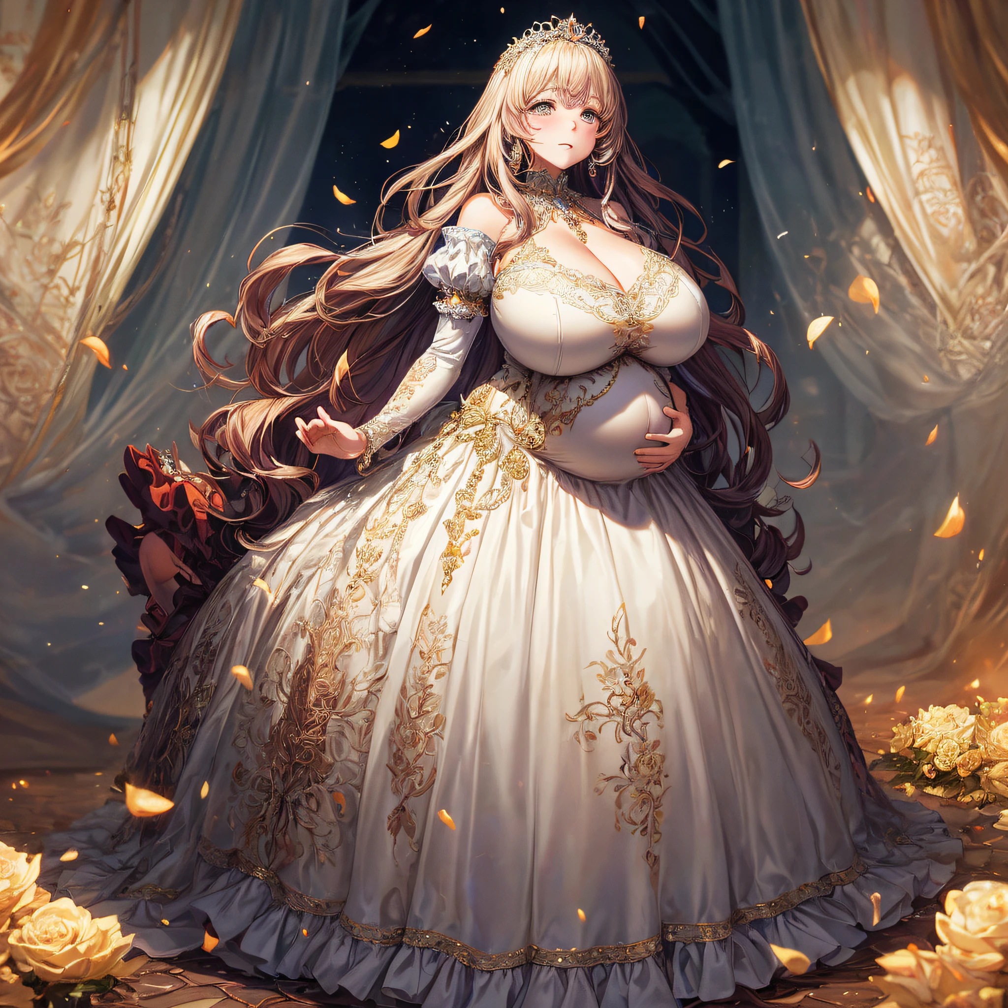 (masterpiece, best quality,extremely detailed:1.1),(moe anime art style:1.2),1girl,((full body,focus face)),((solo)), cute, kawaii,digital art,((1 bling-bling pregnant princess wearing beautiful embroidery and jeweled gorgeous ballgown with jeweled voluminous full length hoop skirt)),(((heavily pregnant))),very big pregnant belly,((crinoline)),long train,voluminous frills,See-through,(gorgeous embroidery and beautiful lace),((very gigantic boobs,skindentation)),cleavage,shiny hair,(((very long hair))),((embarrassed)),anguish,((finely detailed face and eyes)),clear pupil,extremely gorgeousfull hair ornament,(bling-bling jeweled extremely gorgeousfull tiara),(bling-bling gorgeous gemstone jewelry),long veil,beautiful background,fantasy background,flowers,flower petals flowing,full body,((beautiful embroidery and jeweled ruffled gorgeous ballgown with voluminous full length hoop skirt))