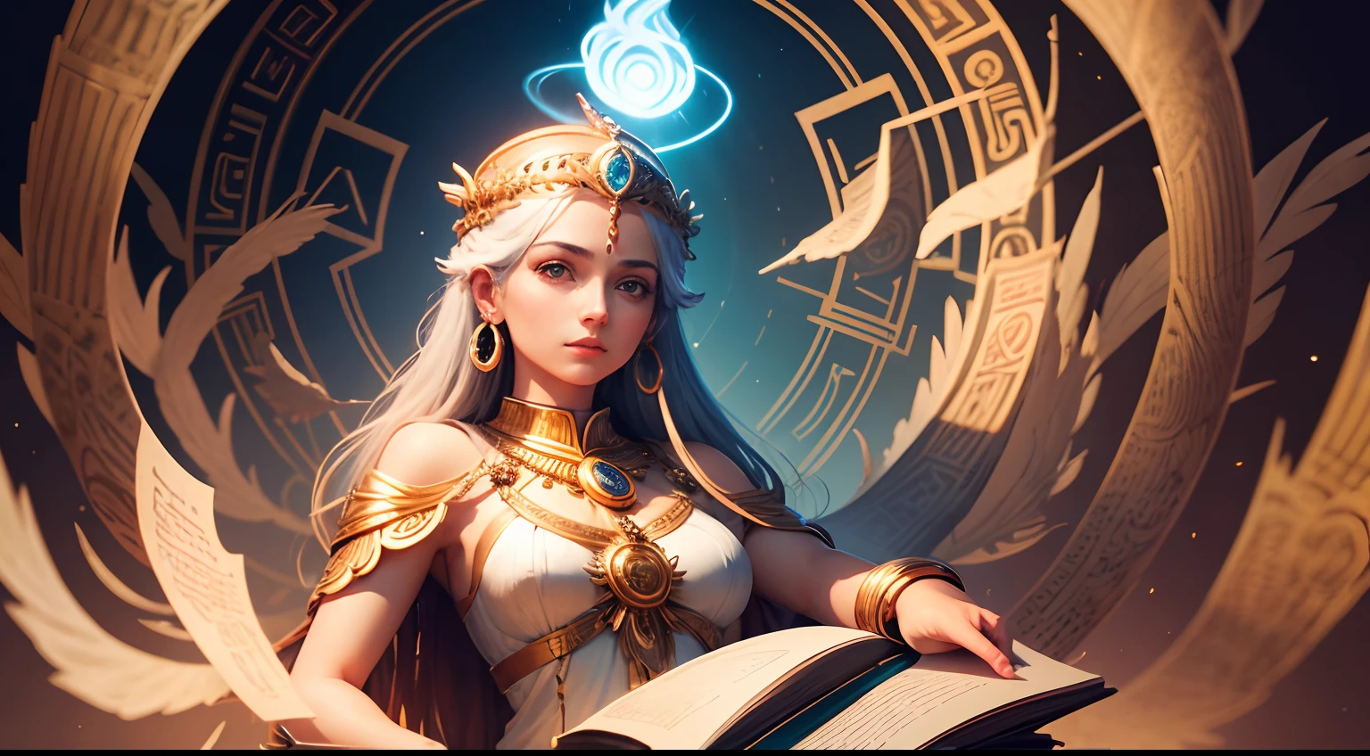 Create an image that embodies Athena, the goddess of wisdom, surrounded by an aura of knowledge and intellect
