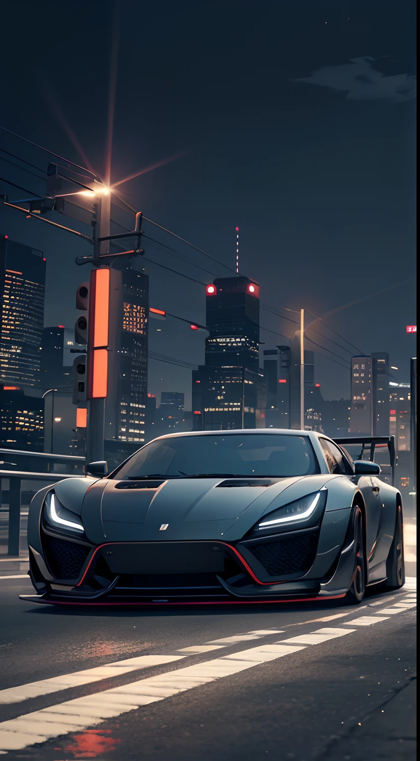 a realsitic car driving in a futuristic city at night, the city is modern, the image is cinematic, the image pass a velocity and speed sense, the car is cool,the image is a award winner, the image colors are vivid, the image is breath taking, low angle, 4k,  BREAK modern,4k, ultrarealistic,speed, velocity, badass,