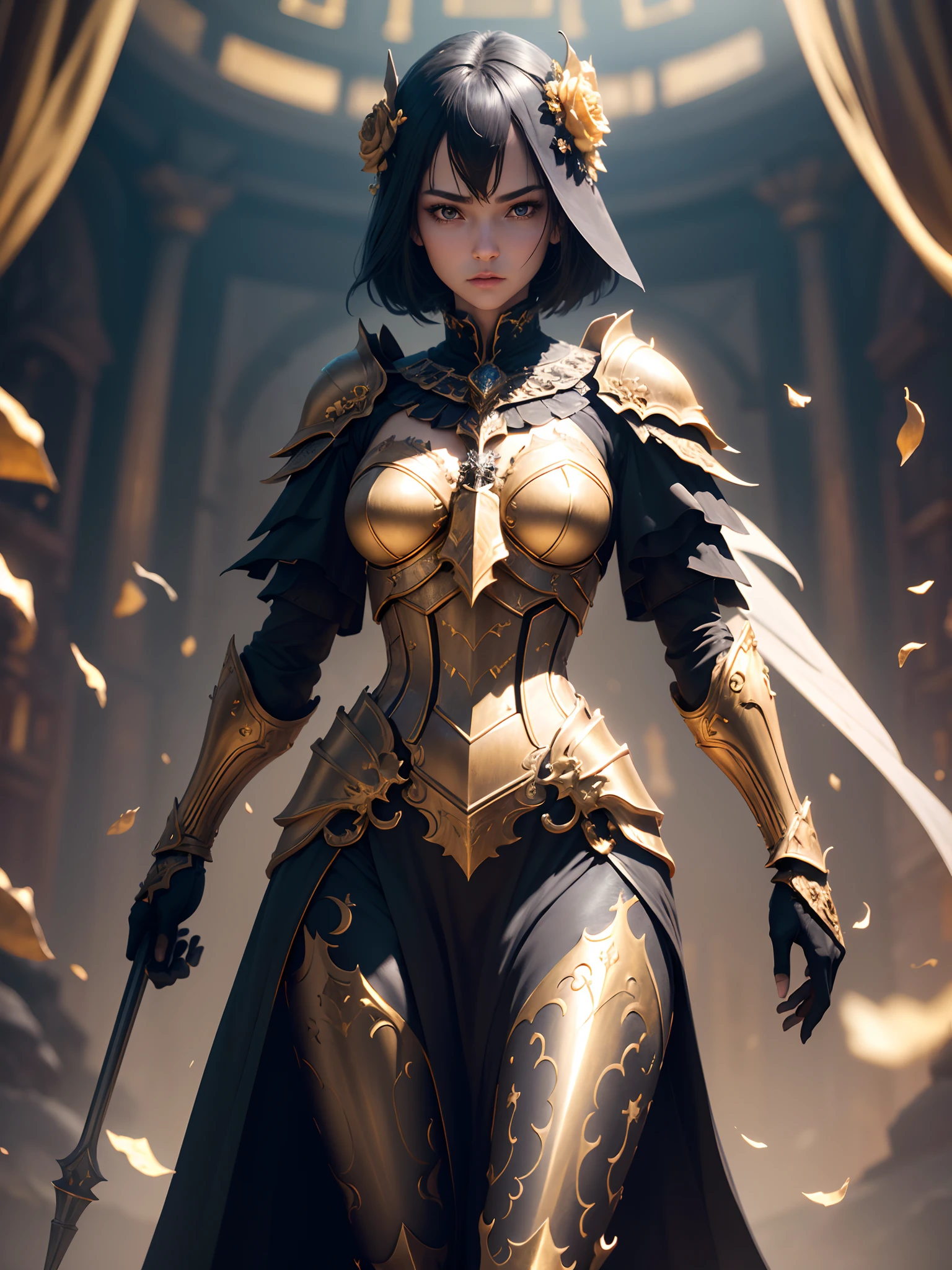 skeleton knight, greatsword, master piece, full body, best quality, realistic epic, (black_marbled), (Blackwing: 1.3), intricate details, intricate patterns, golden powder, floating (golden cloth), detailed texture, glass broken, Divine Light, (((raven)), Golden Rose, gold foil, motion blur, depth of field, hologram, (medium breasts: 1.3), (realism:1.5), (Realisitc:1.4), ( Absurdity:1.4), 8k, ultra-detailed, Beautiful girl detailed, (only 1:1.4), 1girl, (Viewer facing:1.2), (Bright sunny day: 1.5), Intricate body details, (short:1.3 ), (best quality: 1.0), (Ultra Highres) : 1.0), highly detailed face and eyes, (photorealistic: 1.2)