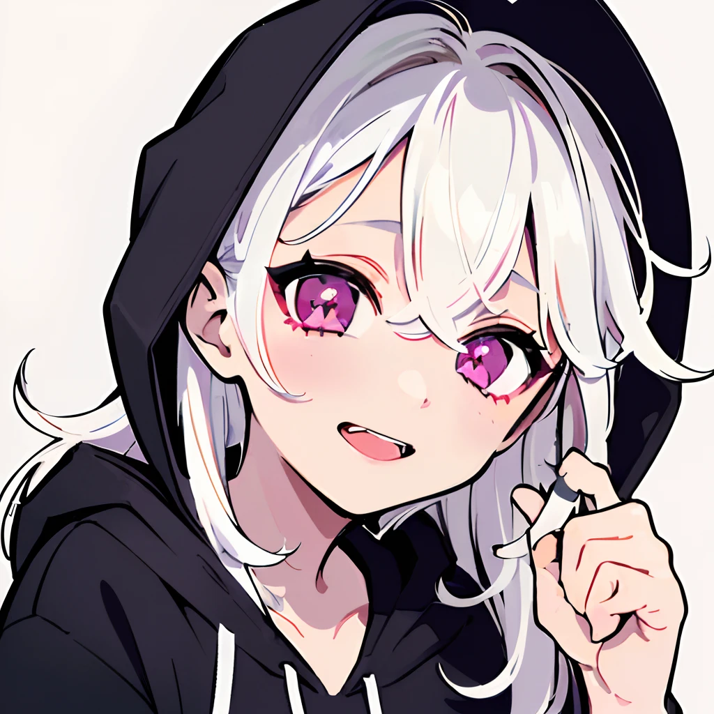 (((best quality)), ((ultra detailed)), ((masterpiece)), illustration,(clear background), 1girl, solo, ((close up)), portrait, ((leaning backwards)), falling back, looking at camera, (detailed face), highest details, medium hair, (((messy hair))), white hair, pink pupils, excited, ((passionate)), black hoodie, black hood, ((hood over hair)), (high contrast)