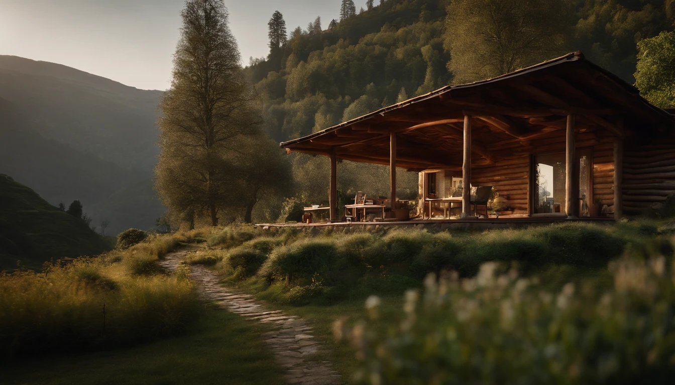A rustic home nestled in the mountains, built with walls of unprocessed tree logs and a roof of clay tiles. The house exudes a deep connection with the surrounding nature. Wooden logs display natural textures, and climbing plants gently hug the walls. The setting is a mountainous landscape, with ancient trees and a babbling brook. Artistic photography, capturing the harmony between the house and its surroundings, using a wide-angle lens to encompass the entire scene