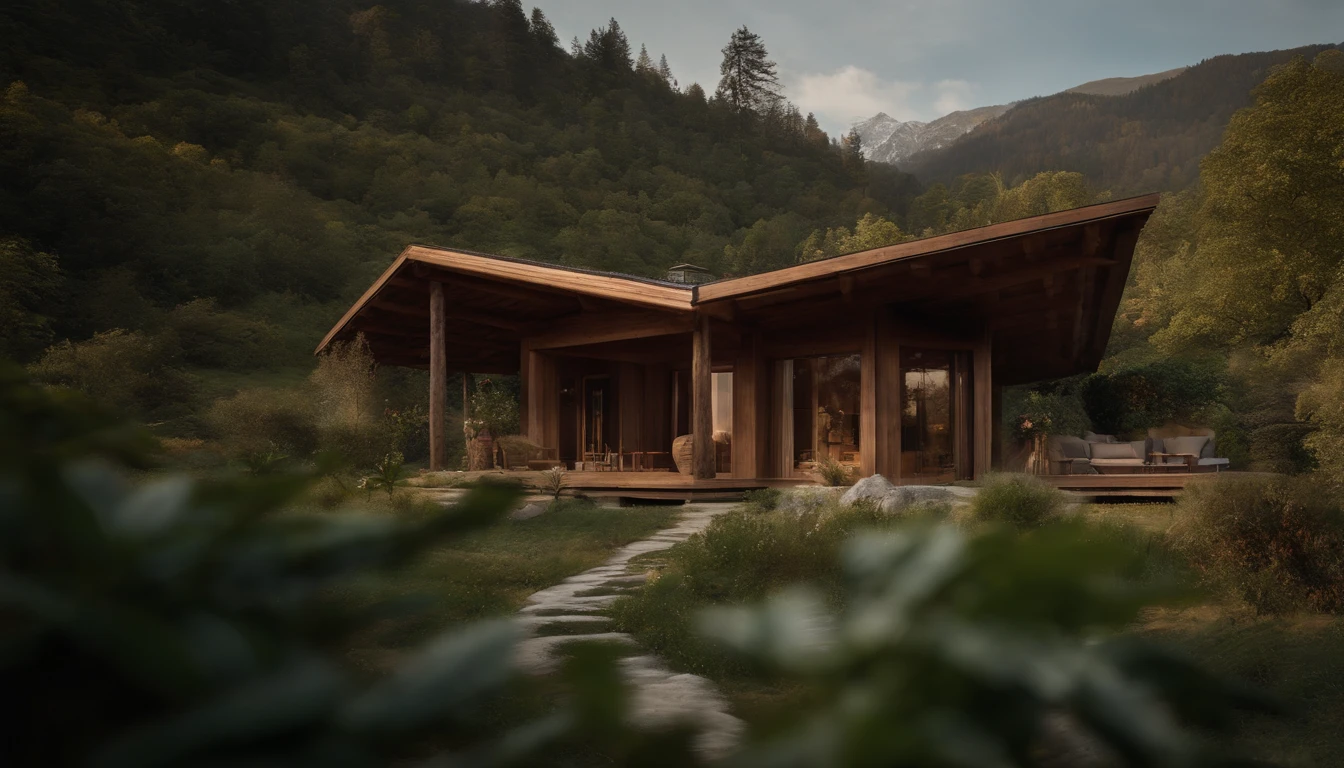A rustic home nestled in the mountains, built with walls of unprocessed tree logs and a roof of clay tiles. The house exudes a deep connection with the surrounding nature. Wooden logs display natural textures, and climbing plants gently hug the walls. The setting is a mountainous landscape, with ancient trees and a babbling brook. Artistic photography, capturing the harmony between the house and its surroundings, using a wide-angle lens to encompass the entire scene