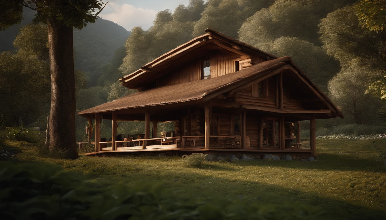 A rustic home nestled in the mountains, built with walls of unprocessed tree logs and a roof of clay tiles. The house exudes a deep connection with the surrounding nature. Wooden logs display natural textures, and climbing plants gently hug the walls. The setting is a mountainous landscape, with ancient trees and a babbling brook. Artistic photography, capturing the harmony between the house and its surroundings, using a wide-angle lens to encompass the entire scene