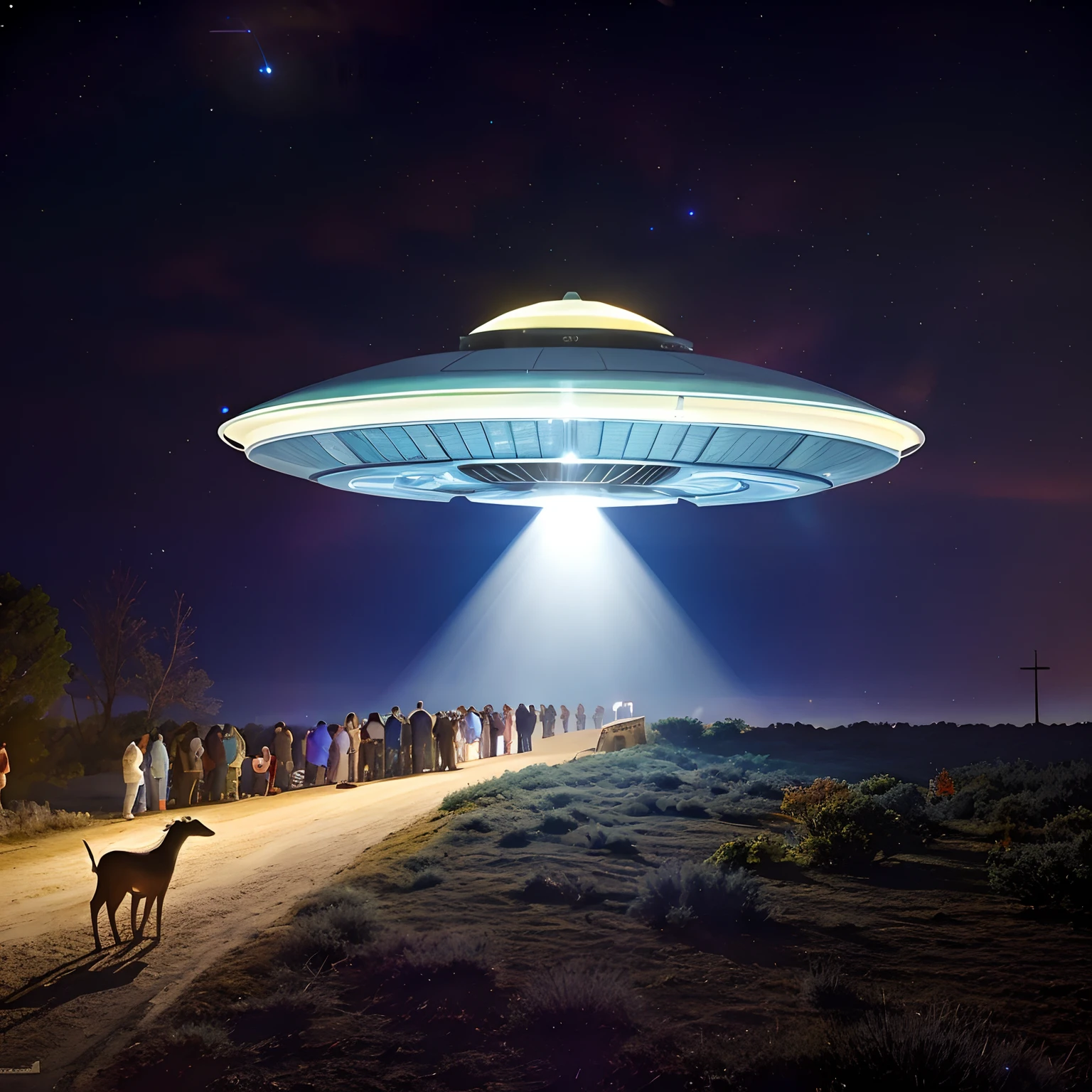 There is a large group of people standing around a large flying saucer, Rapto de OVNIs, populated with aliens and people, ufo aliens, Pouso de OVNIs, alien abduction, OVNI, alien spaceship, extraterrestre, alien spaceship in the sky, OVNIlogia, aliens invading earth, Ovnis, ufo lighting, UFO AttackLogical, of a family leaving a spaceship
