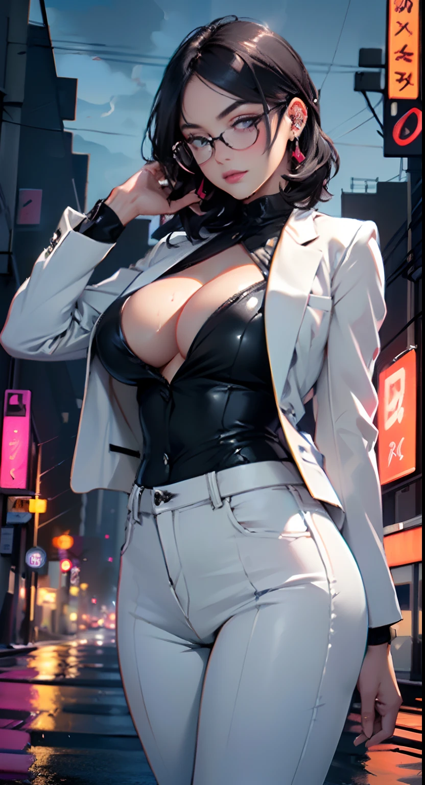 cute girl,(((1girl))),((girl with extremely cute and beautiful black hair)),
(Large breasts:1.4),(((black hair:1.35,colored inner hair,ear breathing,large hair,tomboy haircut))),(((eyes black:1.1))),intricate eyes,beautiful detailed eyes,symmetrical eyes,((fat)),((lustrous skin:1.5,bright skin: 1.5,skin tanned,shiny skin,very shiny skin,shiny body,plastic glitter skin,exaggerated shiny skin,illuminated skin,wet legs))),(spider lower abdomen,narrow waist,wide hip,athletic body,inflated legs,detailed body,(detailed face)),
cute,slutty,seductive,erotic,(((nsfw))),
((((glasses)))),(((wearing white formal blazer,black formal pants,))),(((huge cleavage))),((wet clothes,intricate outfit,intricate clothes)),
(dynamic pose:1.0),solo focus,embarrassed,(centered,scale to fit dimensions,Rule of thirds),
cyberpunk city by the ocean at night, with bright neon signs and dark stormy clouds and puddles, scenery:1.25,
artistic photography,(photography taken by sldr),highres, sharp focus, (ultra detailed, extremely detailed), (photorealistic artwork:1.37),(extremely detailed CG unity 8k wallpaper),((synthwave background theme)),(((vibrant colors))),(intricate background),(masterpiece),(best quality)