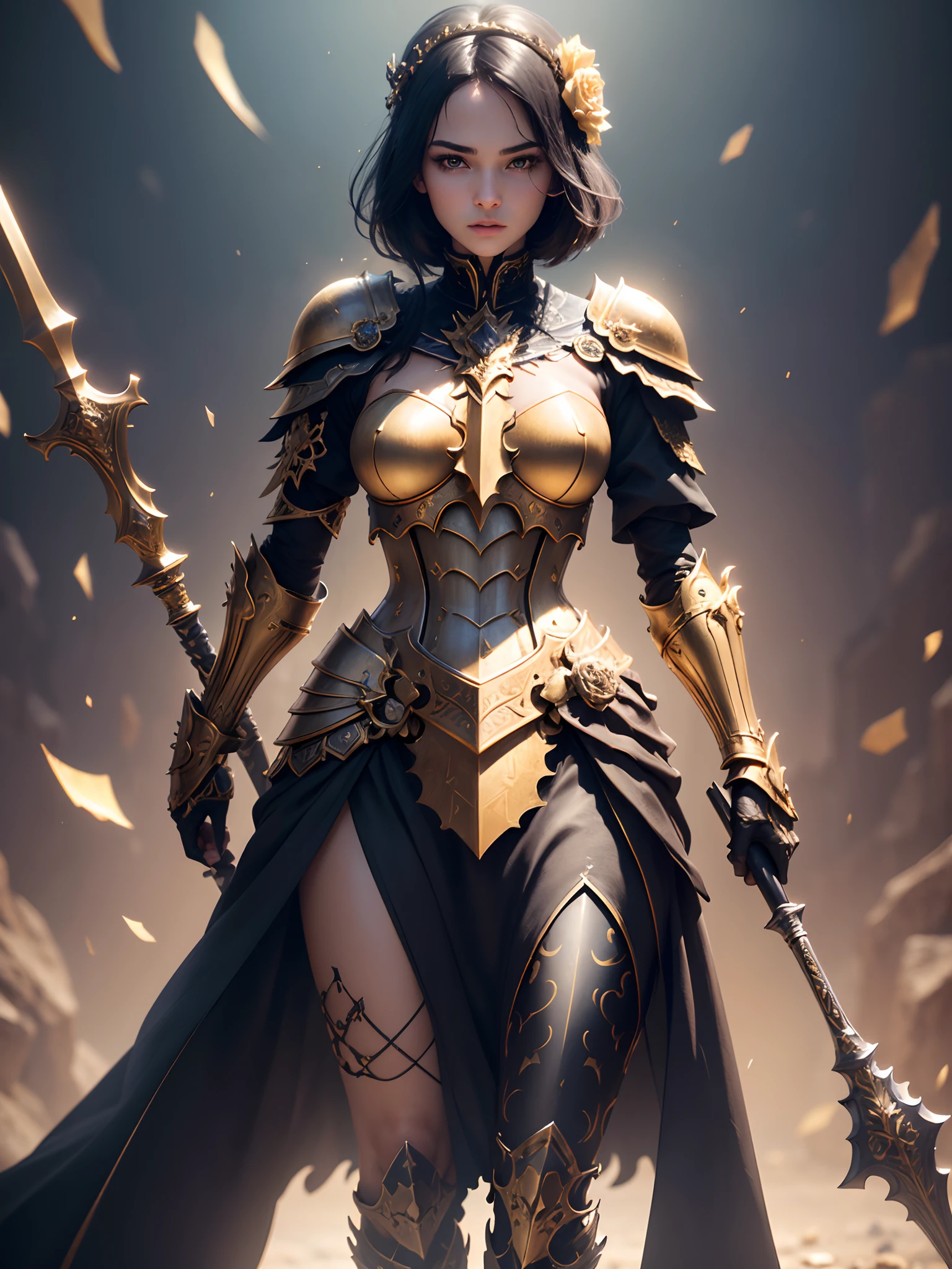 skeleton knight, greatsword, master piece, full body, best quality, realistic epic, (black_marbled), (Blackwing: 1.3), intricate details, intricate patterns, golden powder, floating (golden cloth), detailed texture, glass broken, Divine Light, (((raven)), Golden Rose, gold foil, motion blur, depth of field, hologram, (medium breasts: 1.3), (realism:1.5), (Realisitc:1.4), ( Absurdity:1.4), 8k, ultra-detailed, Beautiful girl detailed, (only 1:1.4), 1girl, (Viewer facing:1.2), (Bright sunny day: 1.5), Intricate body details, (short:1.3 ), (best quality: 1.0), (Ultra Highres) : 1.0), highly detailed face and eyes, (photorealistic: 1.2)