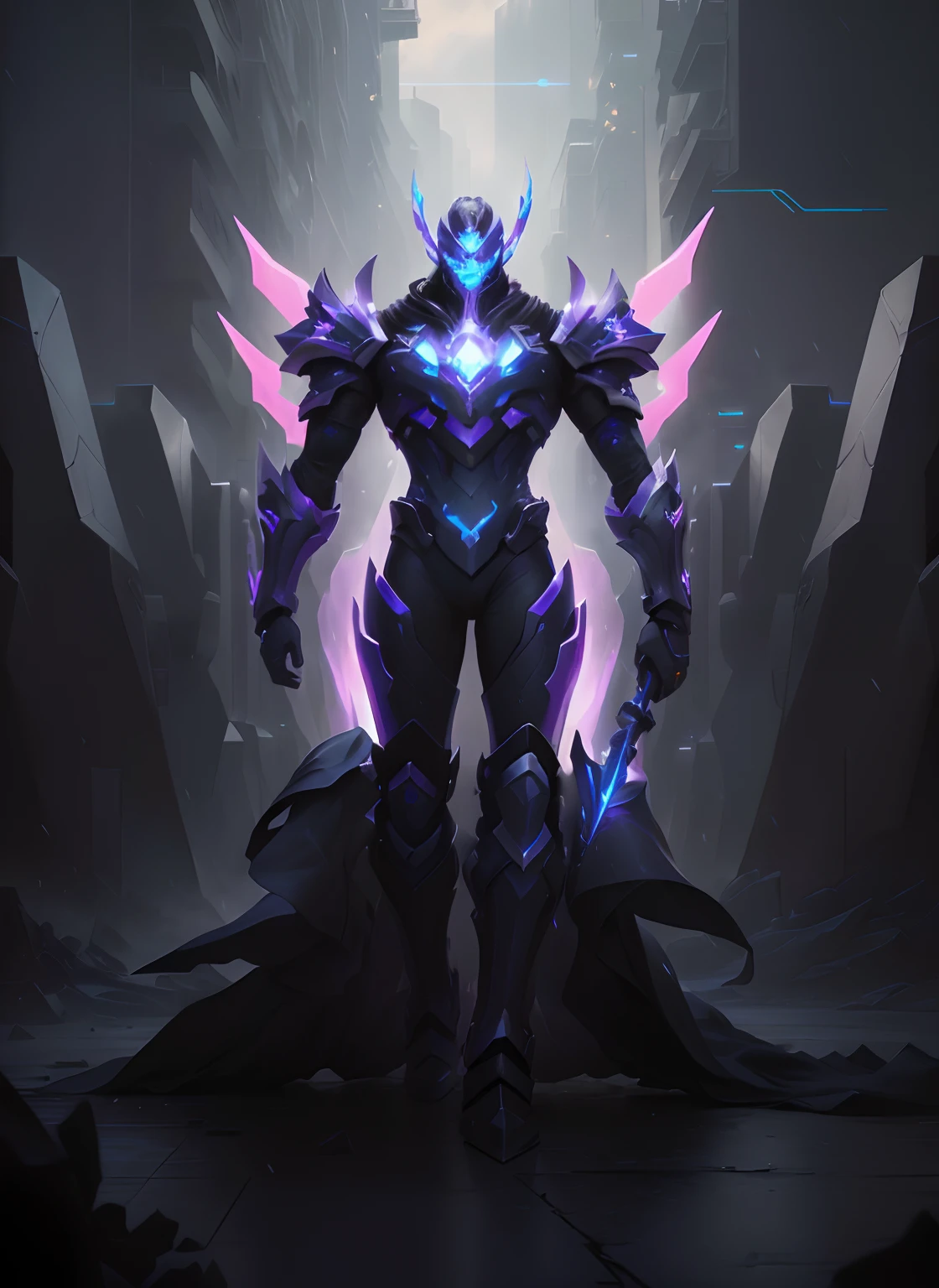 Image of a futuristic-looking man with a guitar-shaped axe in a city, 8 K HD WallpaperArtefato jpeg, 8k hd wallpaperjpeg artefato, Arte conceitual da Riot Games, Splash Art Oficial, purple glowing core in armor, Arte conceitual de League of Legends, pele cristalina, Estilo Duelyst, arte hiper conceito, pele obsidianos , Pixel Art