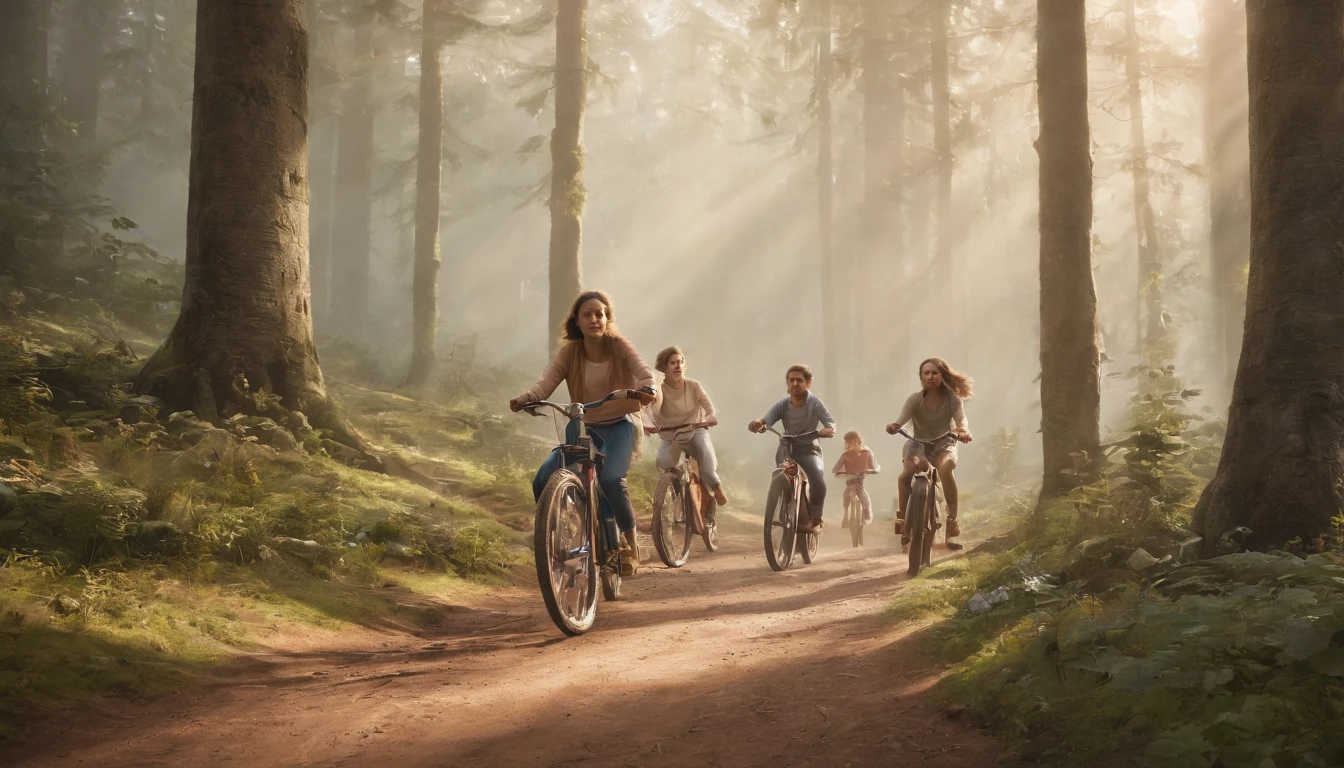 ((obra-prima)), ((melhor qualidade)), A digital illustration depicting a group of 5 students on their bikes pedaling down a mysterious road, in the morning, voltando do supermercado. The scene is shrouded in shades of spring, conveying the sense of joy and wonder that pervades the series. Every detail of the illustration is carefully represented, From the anxious expressions of the children to the smallest details of the enchanted forest. This digital illustration is a true masterpiece, capturing the essence of adventure and the unknown in a captivating and enchanting way, Scene with very high resolution and richness of detail, nitidez e foco.