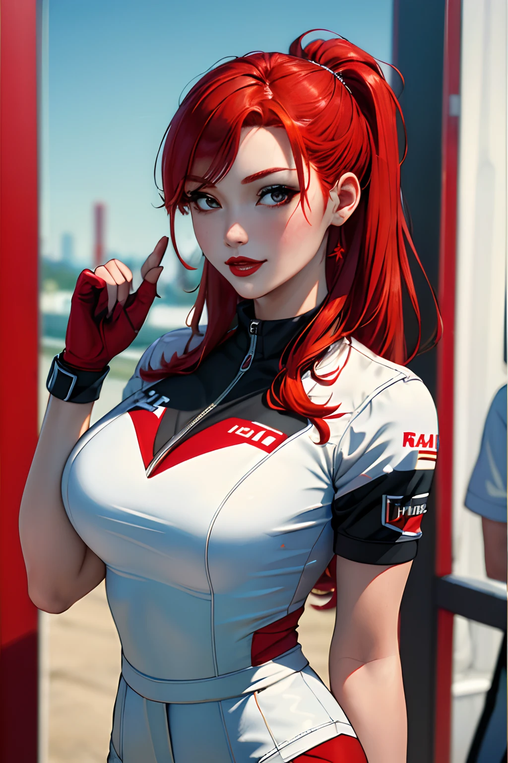(​masterpiece:1.4)、(top-quality:1.4)、
1girl in, F1's bewitching grid girl, Red-haired, looking at the viewers, 独奏 ,realisitic,(shinny skin),(​masterpiece:1.4),(top-quality:1.4),red-lips、racing venue, clear eyes, perfect hands