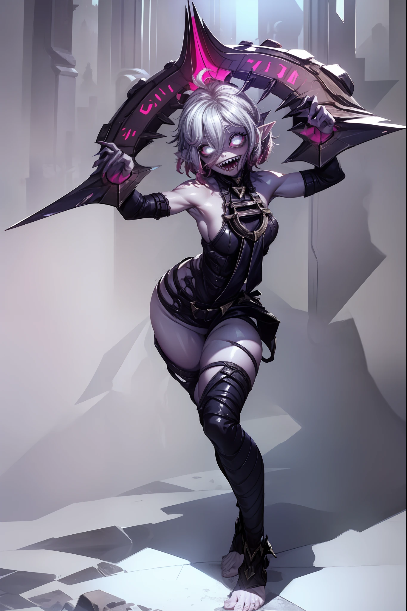 (masterpiece, best quality, ultra-detailed), 1girl, BriarLoL, grey skin, white hair, short hair, (pointy ears, sharp teeth), looking at viewer, standing, full body, bat wings, standing