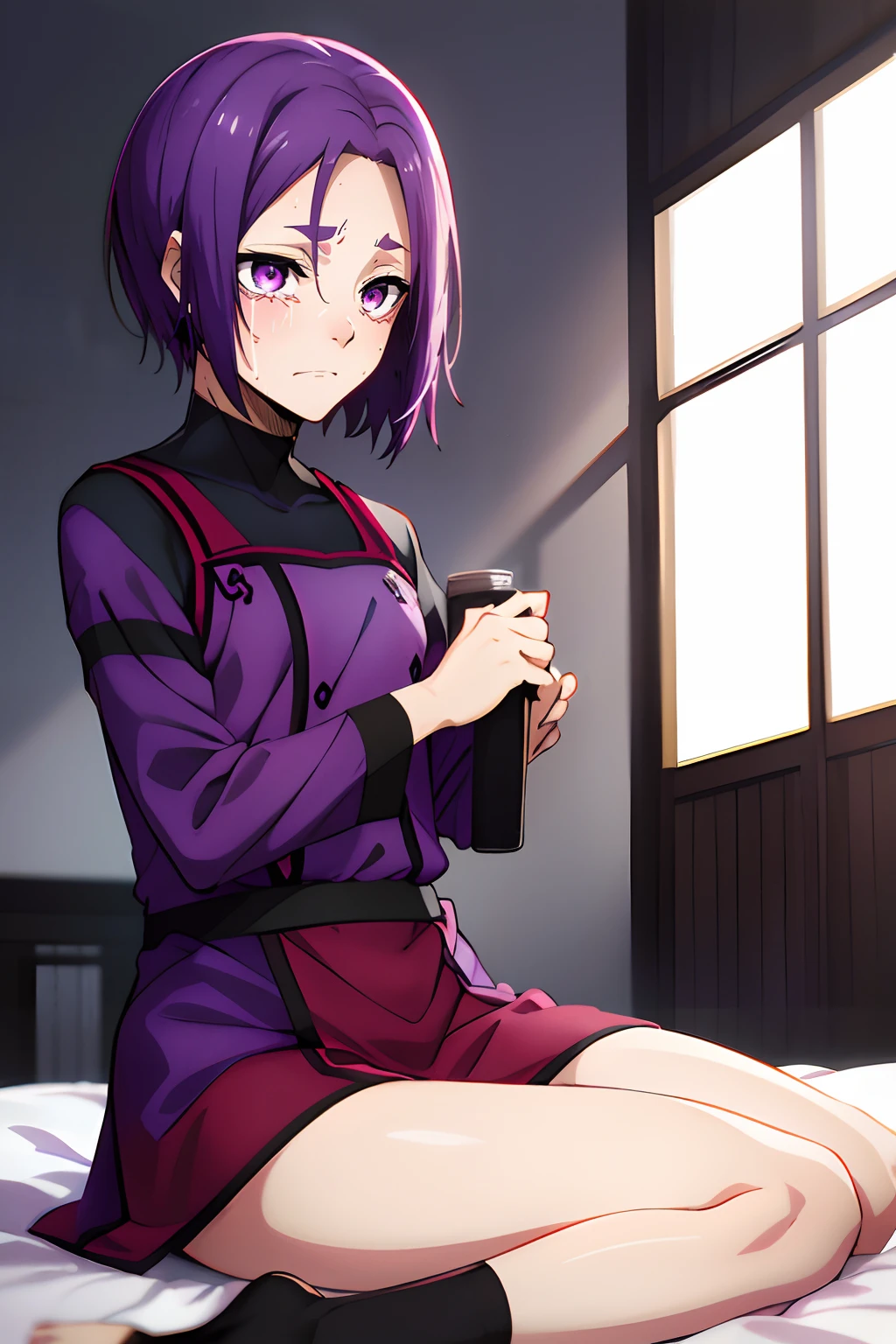 purple eyes, red blush, Crying face,