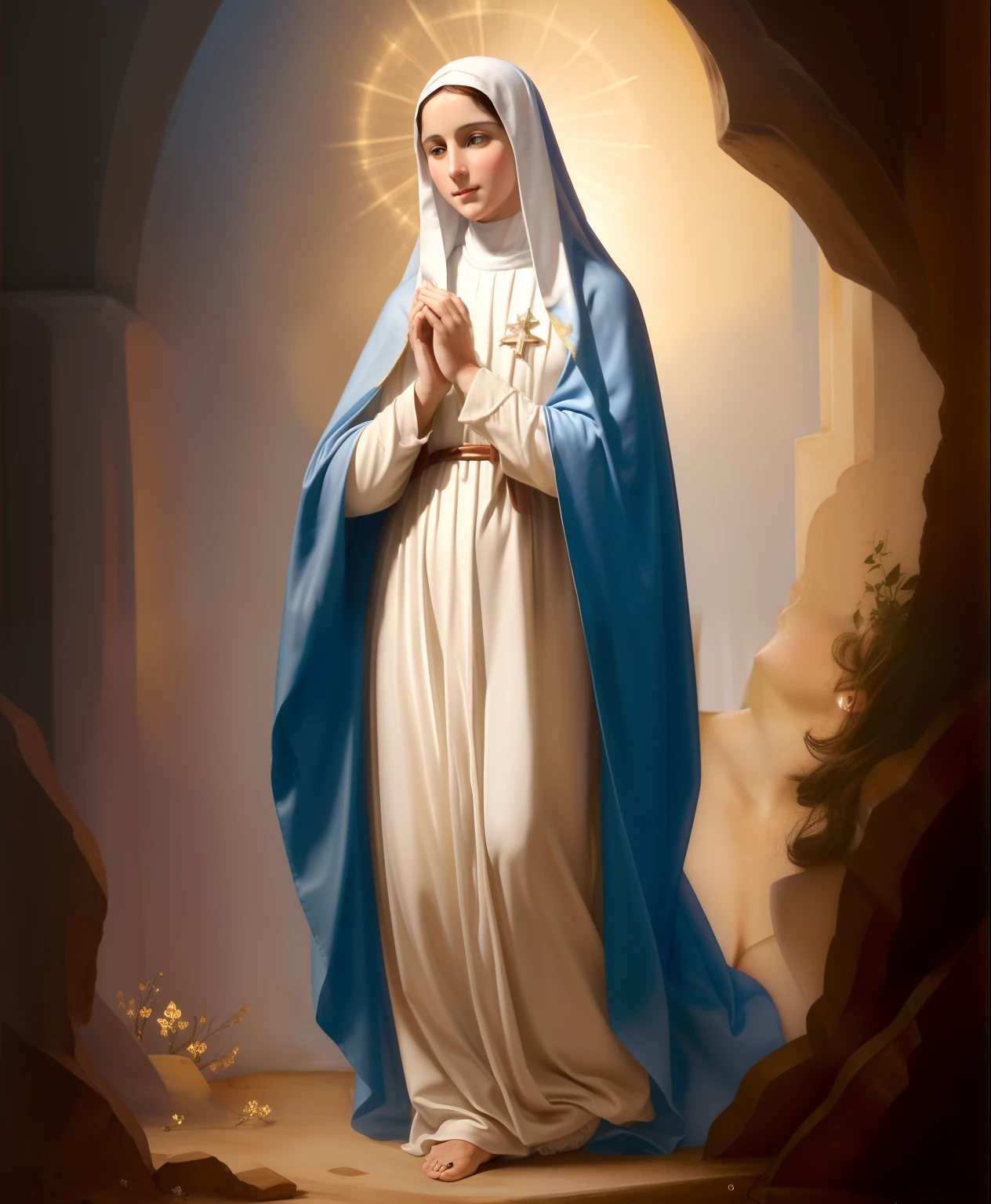 (((Blessed Virgin Mary of Mount Carmel))) Luminoso, en estilo similar al del artista WILLIAM ADOLPHE BOUGUEREAU, obra maestra, (La mejor calidad: 1.2), (super fine: 1.2), illustration, (extremadamente delicado y hermoso: 1.2), movie angle, flotante, (Hermoso ojo de detalle: 1.1), (detalle luz: 1.1), Movie Lights, Cielo delicado, ojos azules, (Cola de caballo alta: 1.1), capa, ojuelos, cielo estrellado, (light particles: 1.1) dibujo, flor. (obra maestra), (La mejor calidad), (fotorrealista:1.3), 8k, Textura detallada de la piel, Textura detallada de la tela, hermosa cara detallada, Detalles intrincados, ultra detallado (cuerpo de cuerpo entero:1.2)