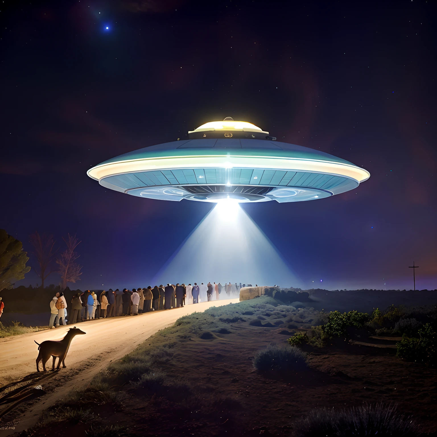 There is a large group of people standing around a large flying saucer, Rapto de OVNIs, populated with aliens and people, ufo aliens, Pouso de OVNIs, alien abduction, OVNI, alien spaceship, extraterrestre, alien spaceship in the sky, OVNIlogia, aliens invading earth, Ovnis, ufo lighting, UFO AttackLogical, of a family leaving a spaceship