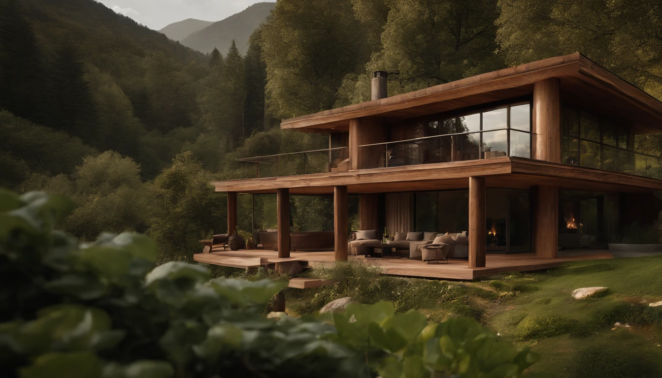 A rustic home nestled in the mountains, built with walls of unprocessed tree logs and a roof of clay tiles. The house exudes a deep connection with the surrounding nature. Wooden logs display natural textures, and climbing plants gently hug the walls. The setting is a mountainous landscape, with ancient trees and a babbling brook. Artistic photography, capturing the harmony between the house and its surroundings, using a wide-angle lens to encompass the entire scene