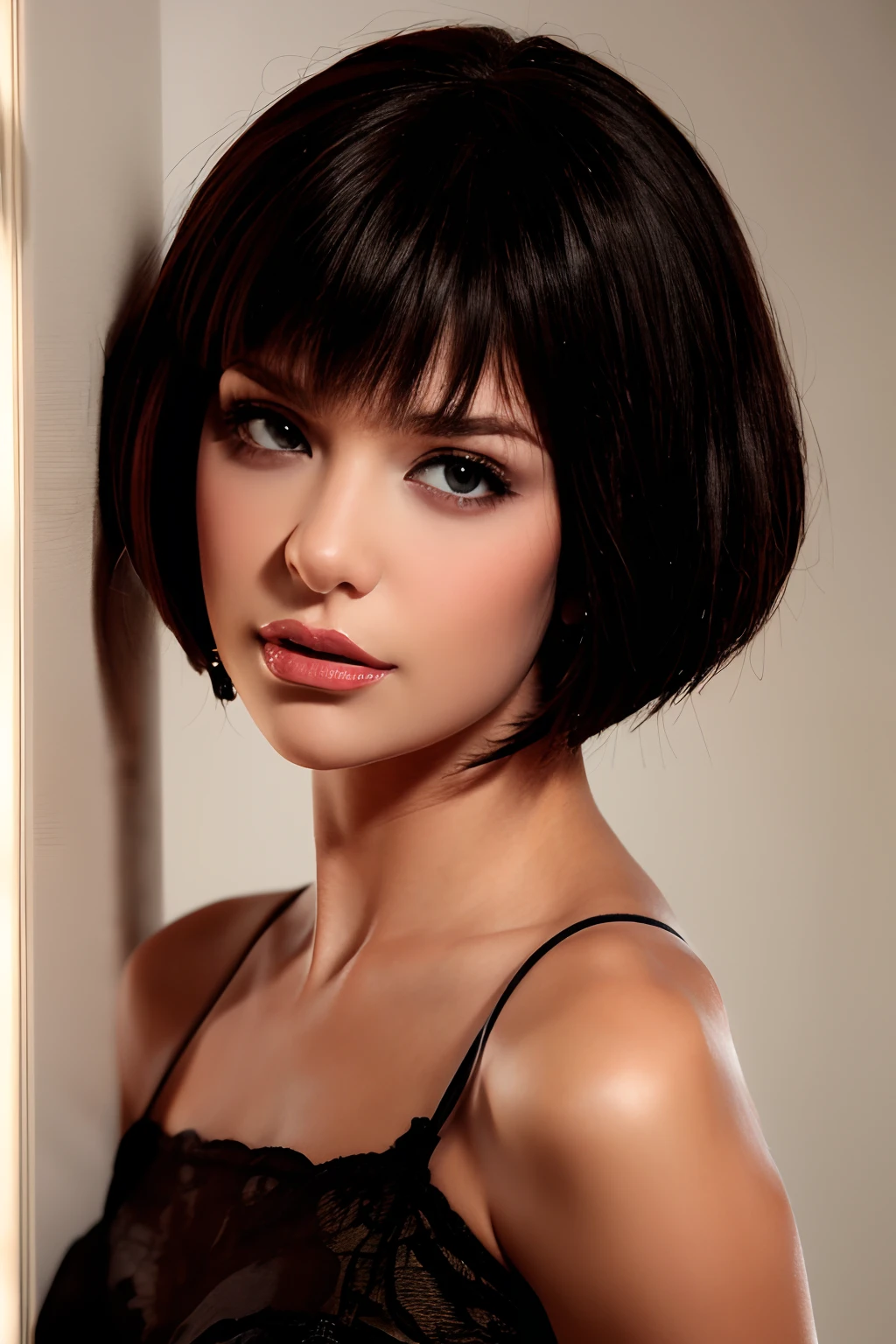 1girl, Hailee Rain, POV, pixie cut, short bob, large brests, gray eyes, black eyeline,