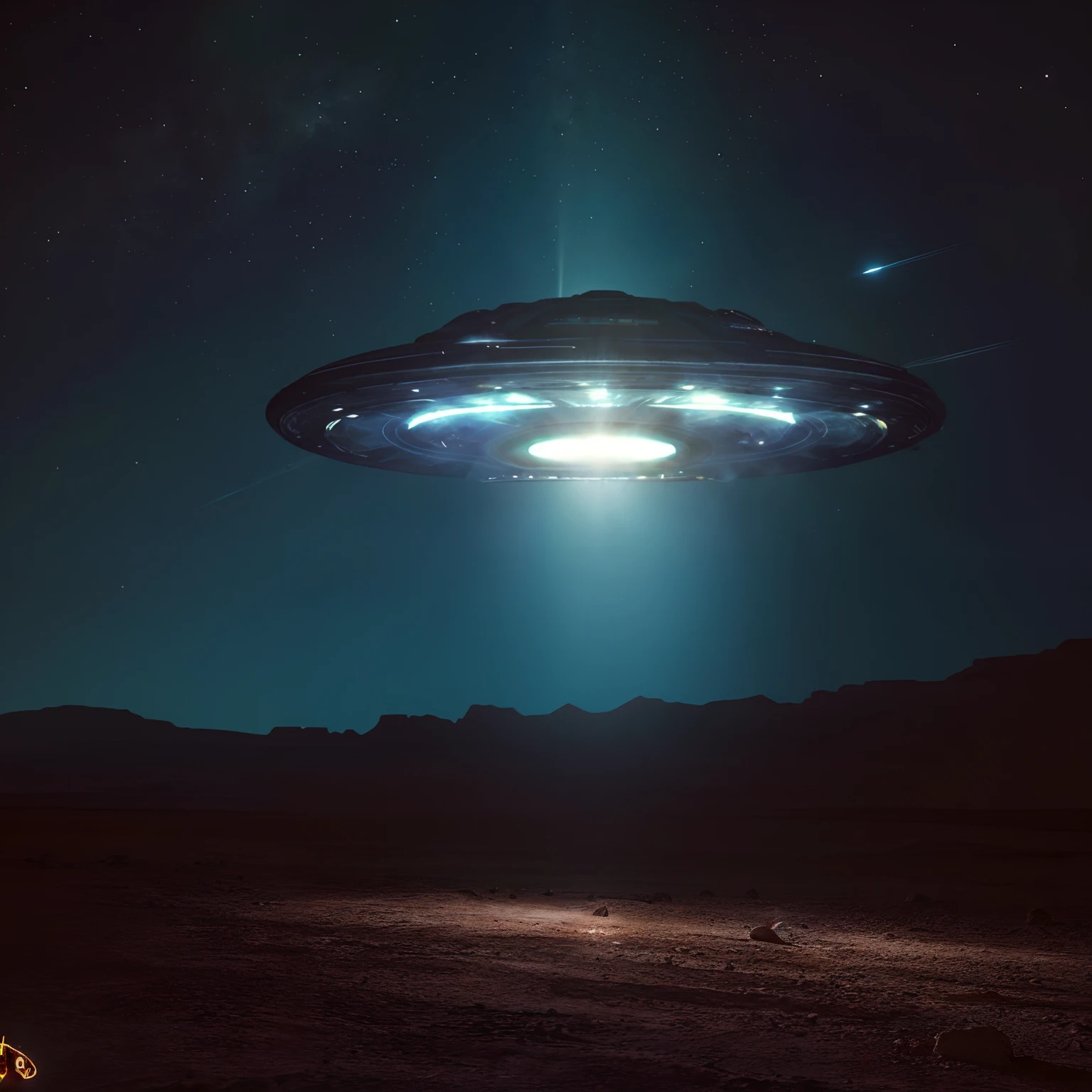 Spaceship flying over a desert landscape at night with stars, Rapto de OVNIs, alien spaceship in the sky, Pouso de OVNIs, alien spaceship, alien mothership in the sky, of a UFO propulsion system, OVNI, ufo aliens, ufo lighting, alien space ship flying in space, extraterrestre, alien abduction, OVNIlogia, flying saucer in the sky