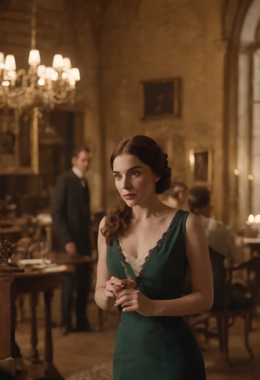 Une jeune femme aux cheveux auburn, with a light dress and a Claudine collar, en collants noirs, She is from behind her stands a man who is also seen from behind., He has curly hair. In front of them is a desk where a black hat resembling that of Amélie Nothomb is placed., and a flute of champagne. Le cadre est celui d'une librairie ancienne.