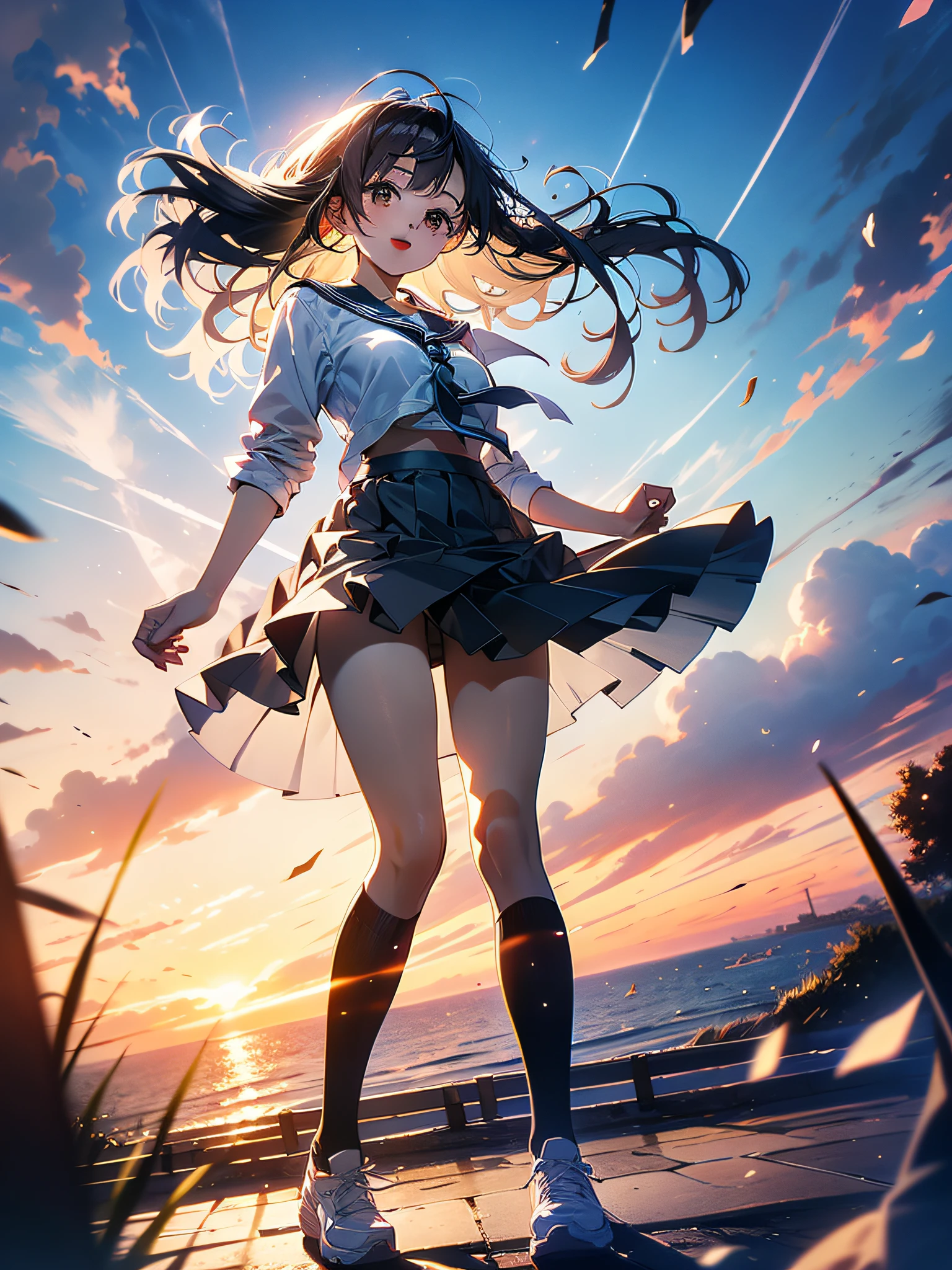 A woman in a short skirt and a white shirt standing on a beach - SeaArt AI