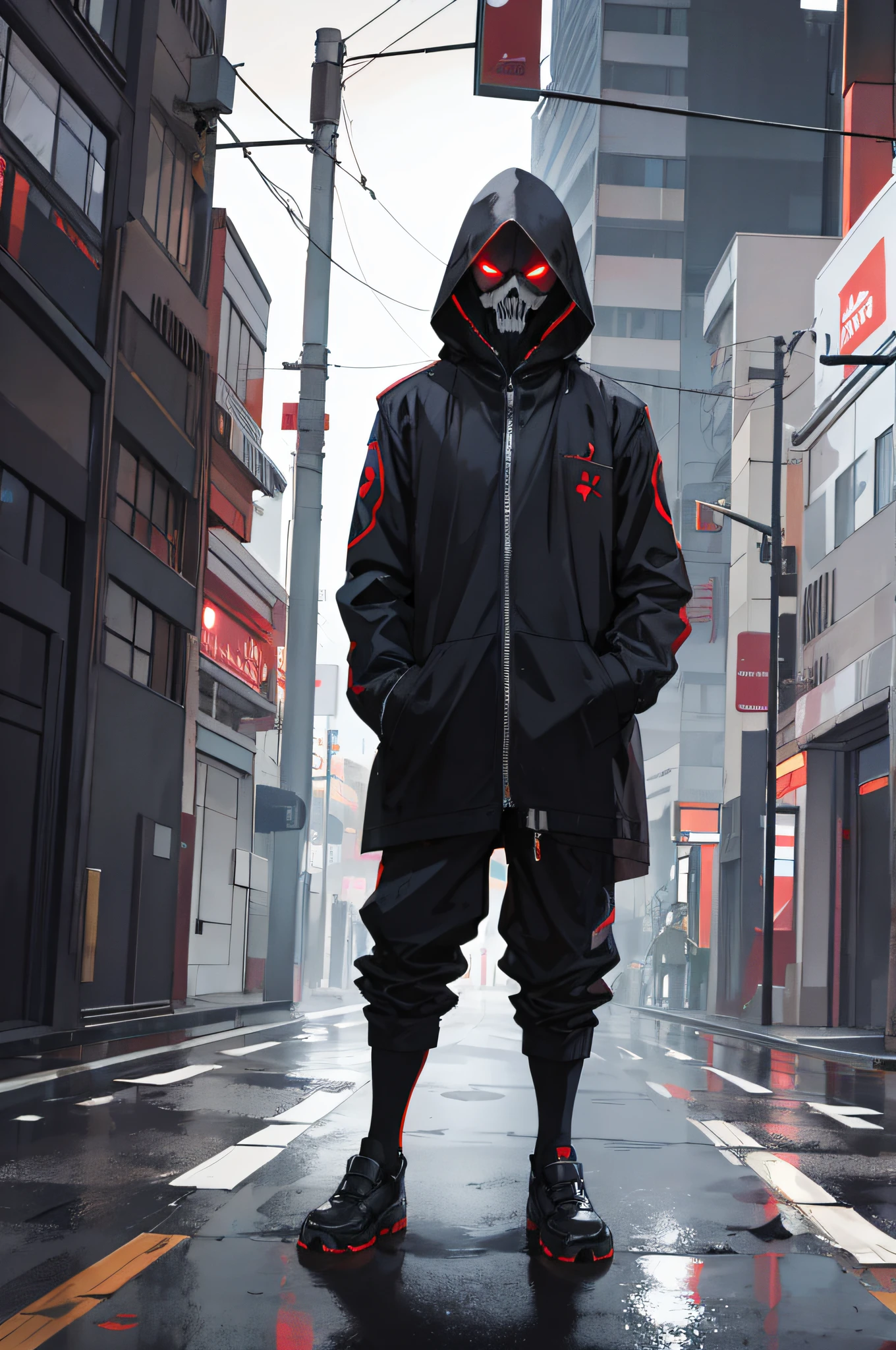 reaper,cidade noturna,chuva,casaco,Hands in pockets