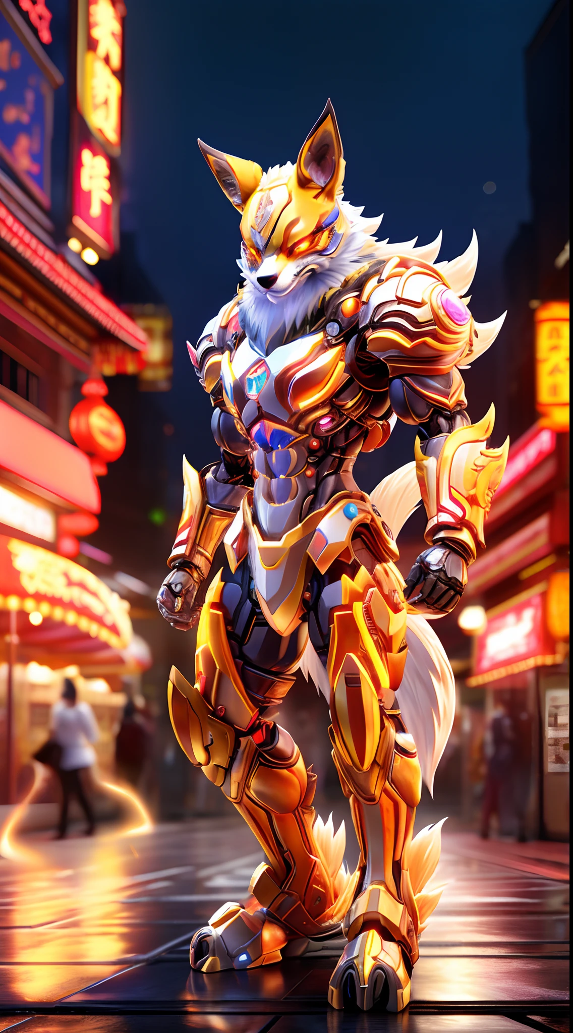 CHINESE FOX, FOX HEAD, HETEROCHROMIA EYE, CRYSTAL ARMOR, TRANSPARANT, MUSCLE BODY.