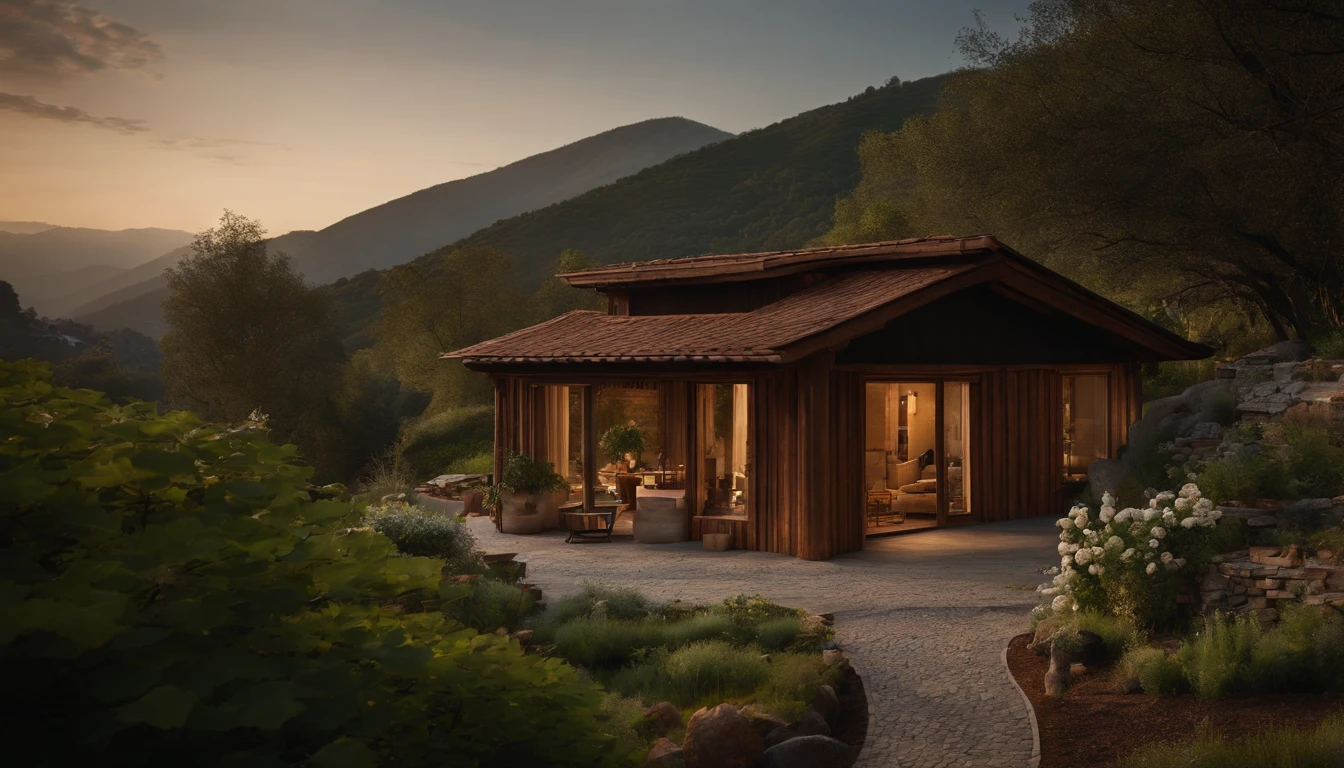 A rustic home nestled in the mountains, built with walls of unprocessed tree logs and a roof of clay tiles. The house exudes a deep connection with the surrounding nature. Wooden logs display natural textures, and climbing plants gently hug the walls. The setting is a mountainous landscape, with ancient trees and a babbling brook. Artistic photography, capturing the harmony between the house and its surroundings, using a wide-angle lens to encompass the entire scene