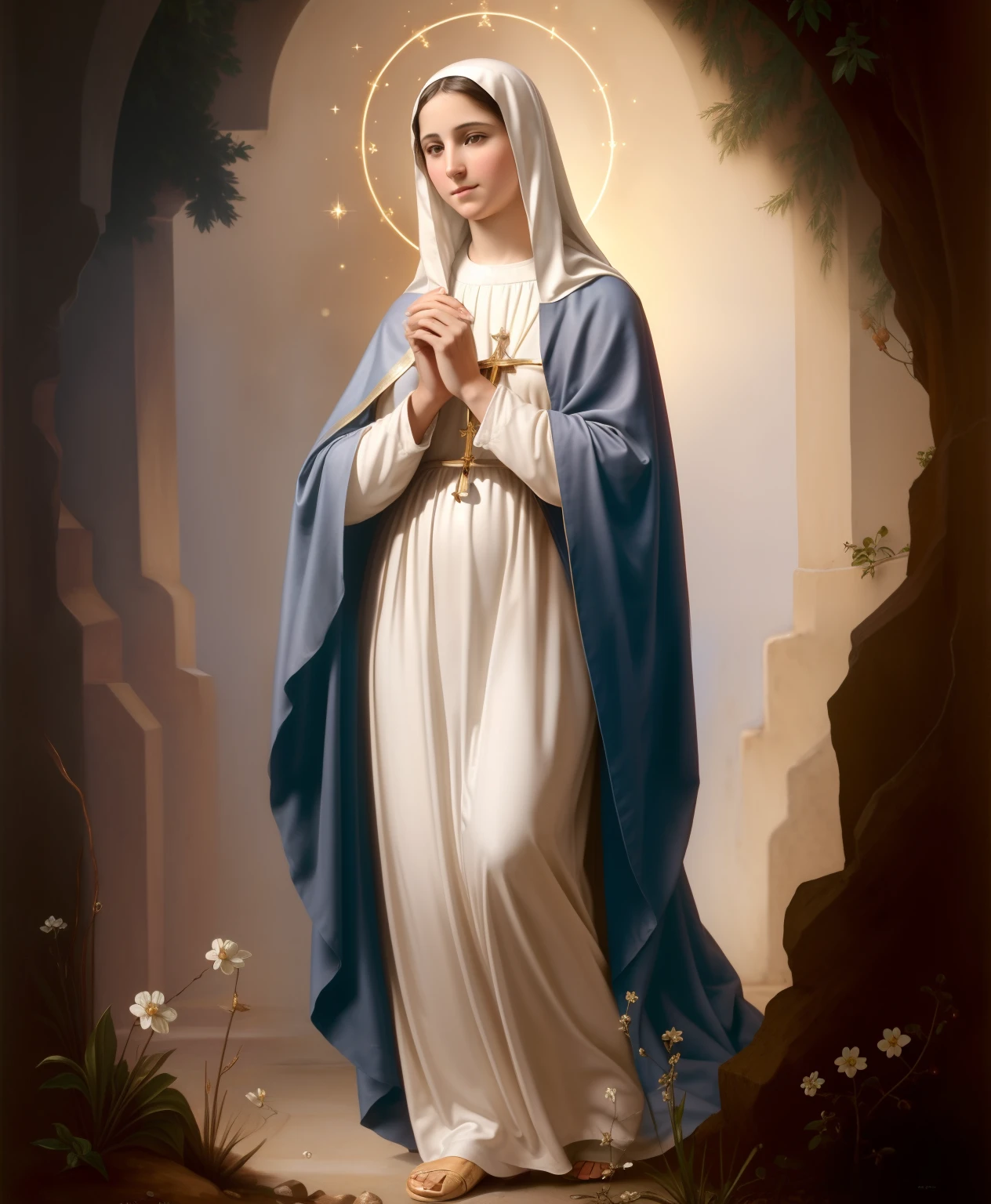 (((Blessed Virgin Mary of Mount Carmel))) Luminoso, en estilo similar al del artista WILLIAM ADOLPHE BOUGUEREAU, obra maestra, (La mejor calidad: 1.2), (super fine: 1.2), illustration, (extremadamente delicado y hermoso: 1.2), movie angle, flotante, (Hermoso ojo de detalle: 1.1), (detalle luz: 1.1), Movie Lights, Cielo delicado, ojos azules, (Cola de caballo alta: 1.1), capa, ojuelos, cielo estrellado, (light particles: 1.1) dibujo, flor. (obra maestra), (La mejor calidad), (fotorrealista:1.3), 8k, Textura detallada de la piel, Textura detallada de la tela, hermosa cara detallada, Detalles intrincados, ultra detallado (cuerpo de cuerpo entero:1.2)